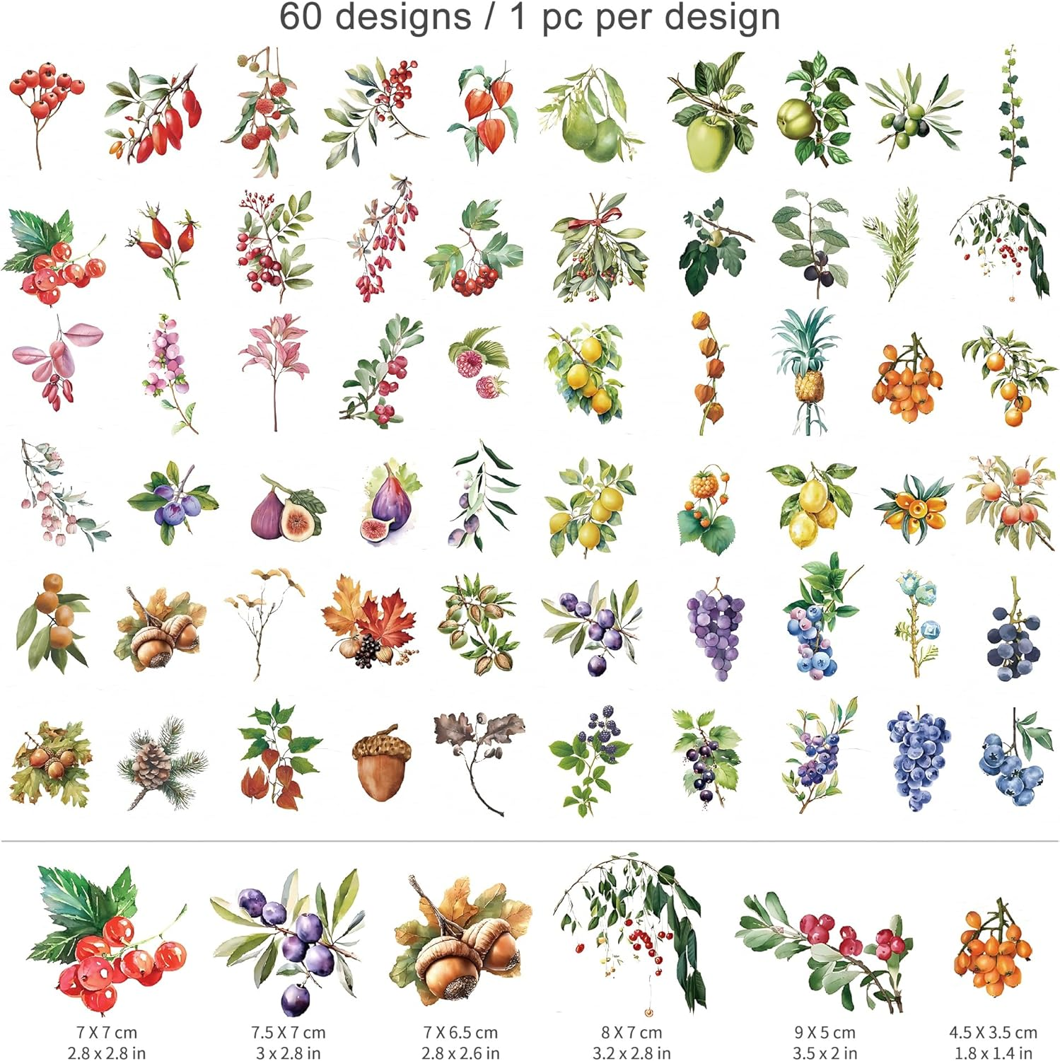 Mayplous Fruit Scrapbook Sticker Decal Set, Plastic PET, DIY Journaling, Lemon, Pineapple, Grape, Orange, 60 Pieces, Sticky Pearl, Circle Doily Paper, Beige Paper String image number 6