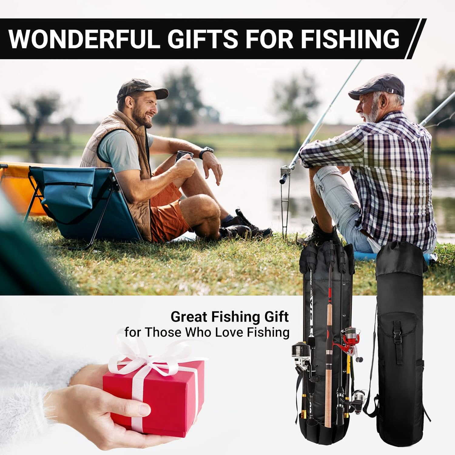 FOUUAAOOU Fishing Rod Bag, Fish Pole Case with Durable Folding Oxford Fabric, Portable Gear for Men Gifts (Black) - Black image number 3