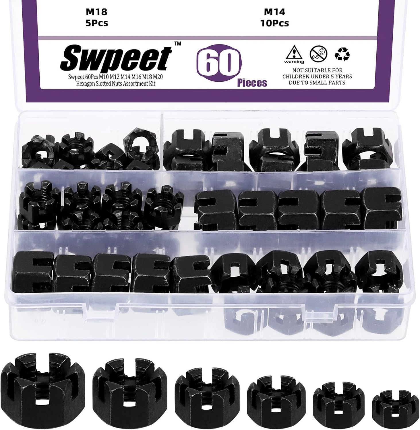 Swpeet 60Pcs 6 Sizes Color Zinc Grade 4.8 Carbon Steel M10 M12 M14 M16 M18 Hexagon Slotted Nuts Assortment Kit, Hex Castle Nuts Hex Nuts for Moto Car Furniture Fasteners Repair