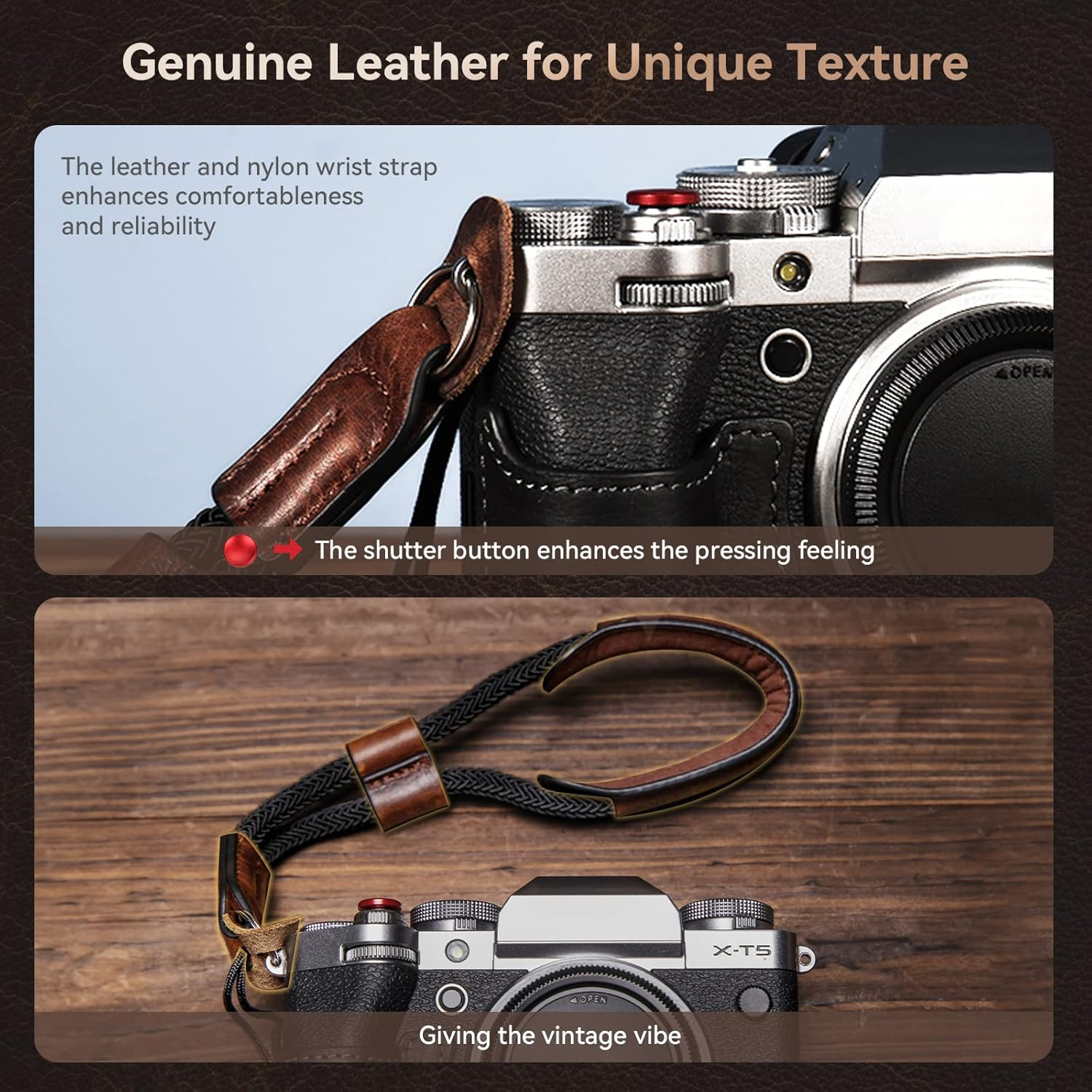Smallrig X-T5 Half Case with Wrist Strap and Shutter Button, Retro Style Brown Leather Camera Case with Aluminum Baseplate for FUJIFILM X-T5-3927