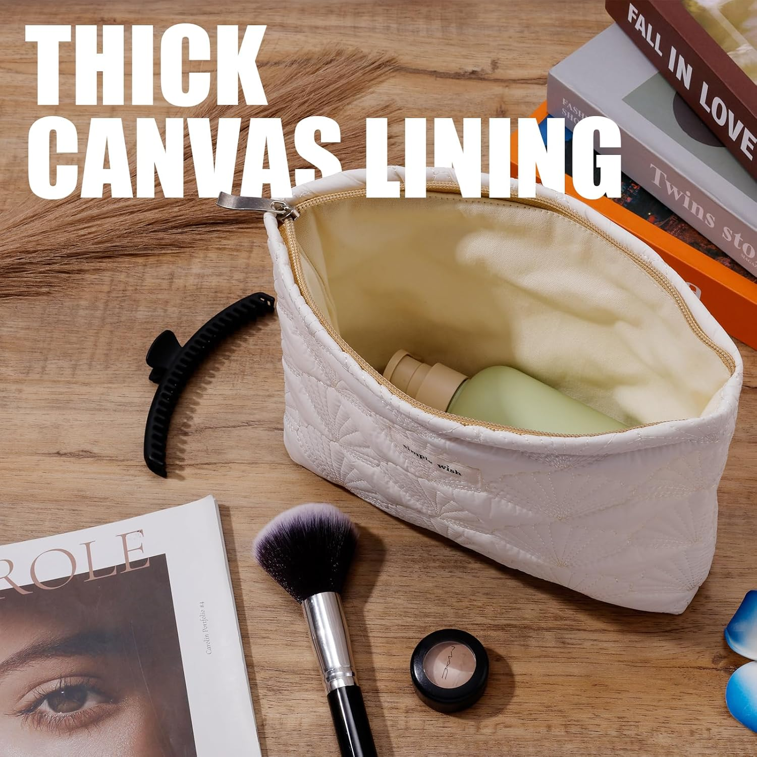 Gosknor Quilted Makeup Bag, Portable Cosmetic Bag White Cotton Emergency Kit Bag Quilted Cotton Aesthetic Cute Travel Makeup Pencil Pouch with Shell Patterns for Women, White, M image number 3