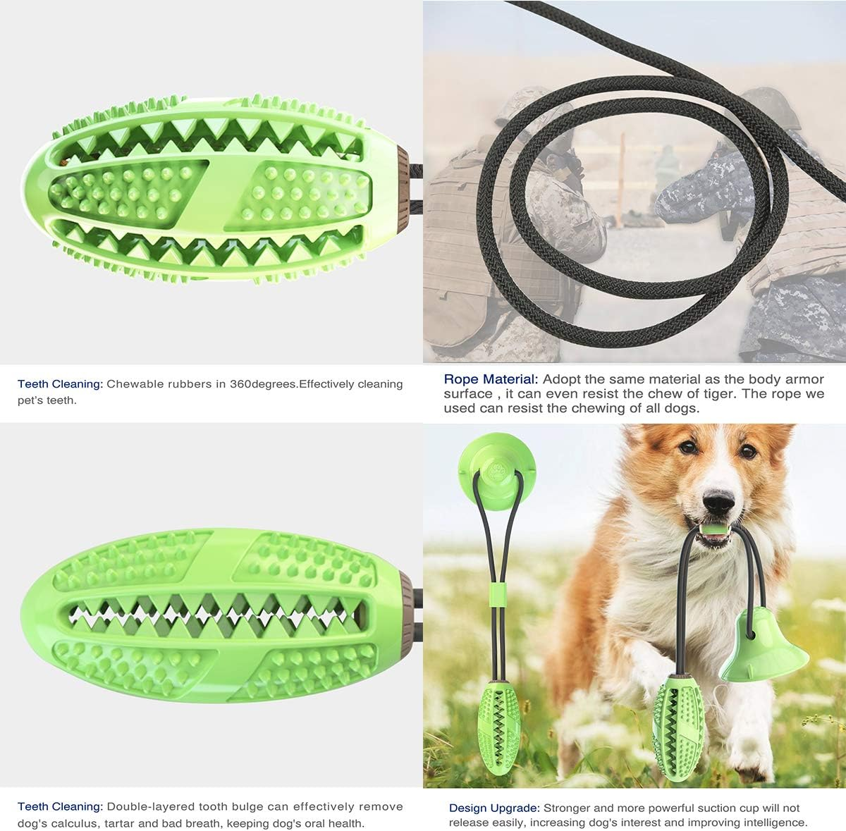 Dog Chew Suction Cup Tug of War Toy Multifunction Interactive Pet Aggressive Chewers Rope Puzzle Toothbrush Molar Bite Squeaky Toys Ball with Teeth Cleaning and Food Dispensing Features (Green) image number 4