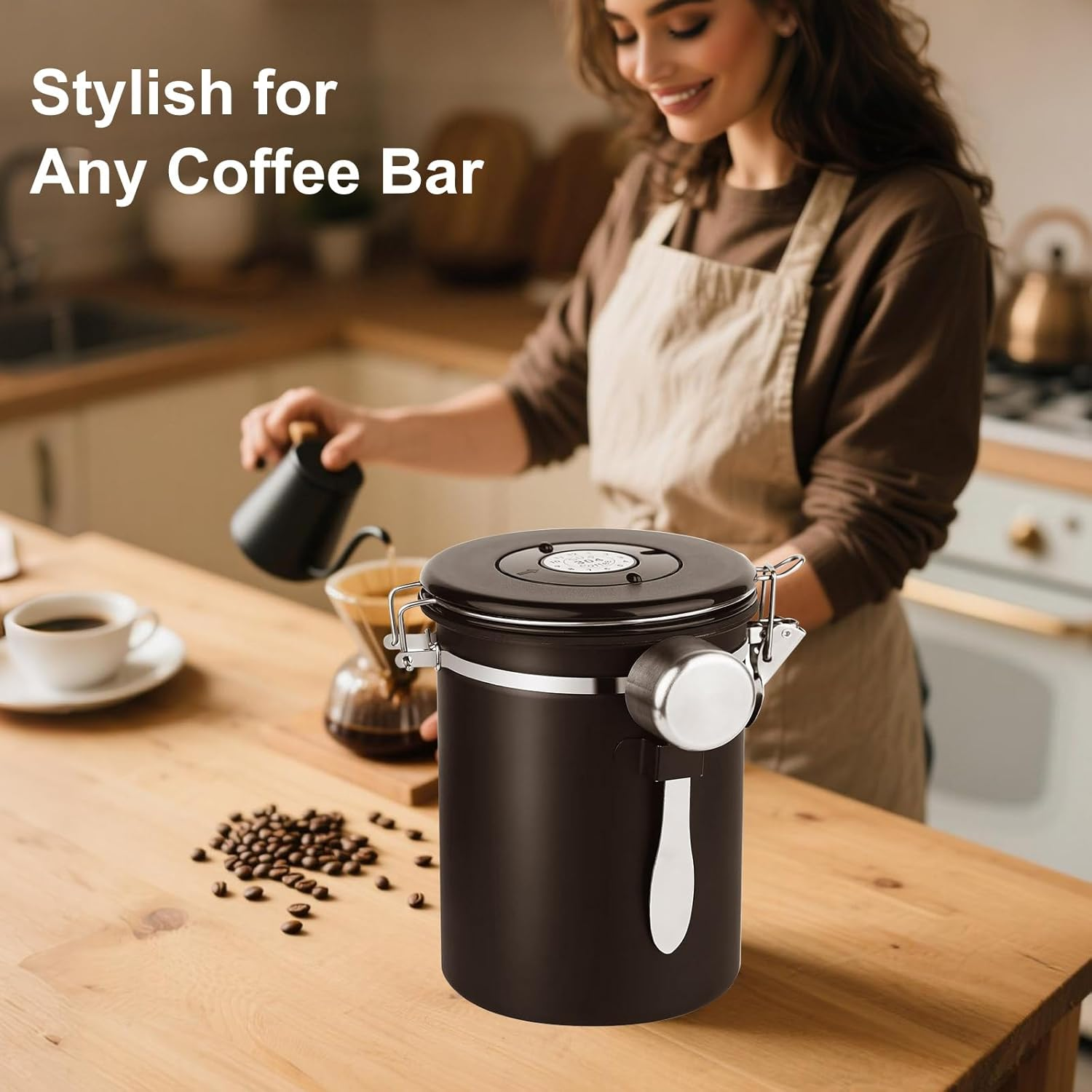 Airtight Coffee Canister with Scoop - Stainless Steel Coffee Grounds Container, Coffee Jar with Date Tracker and CO2 Valve, Coffee Bean Storage for Kitchen Counter or Coffee Bar (Black, 1.8L) image number 5