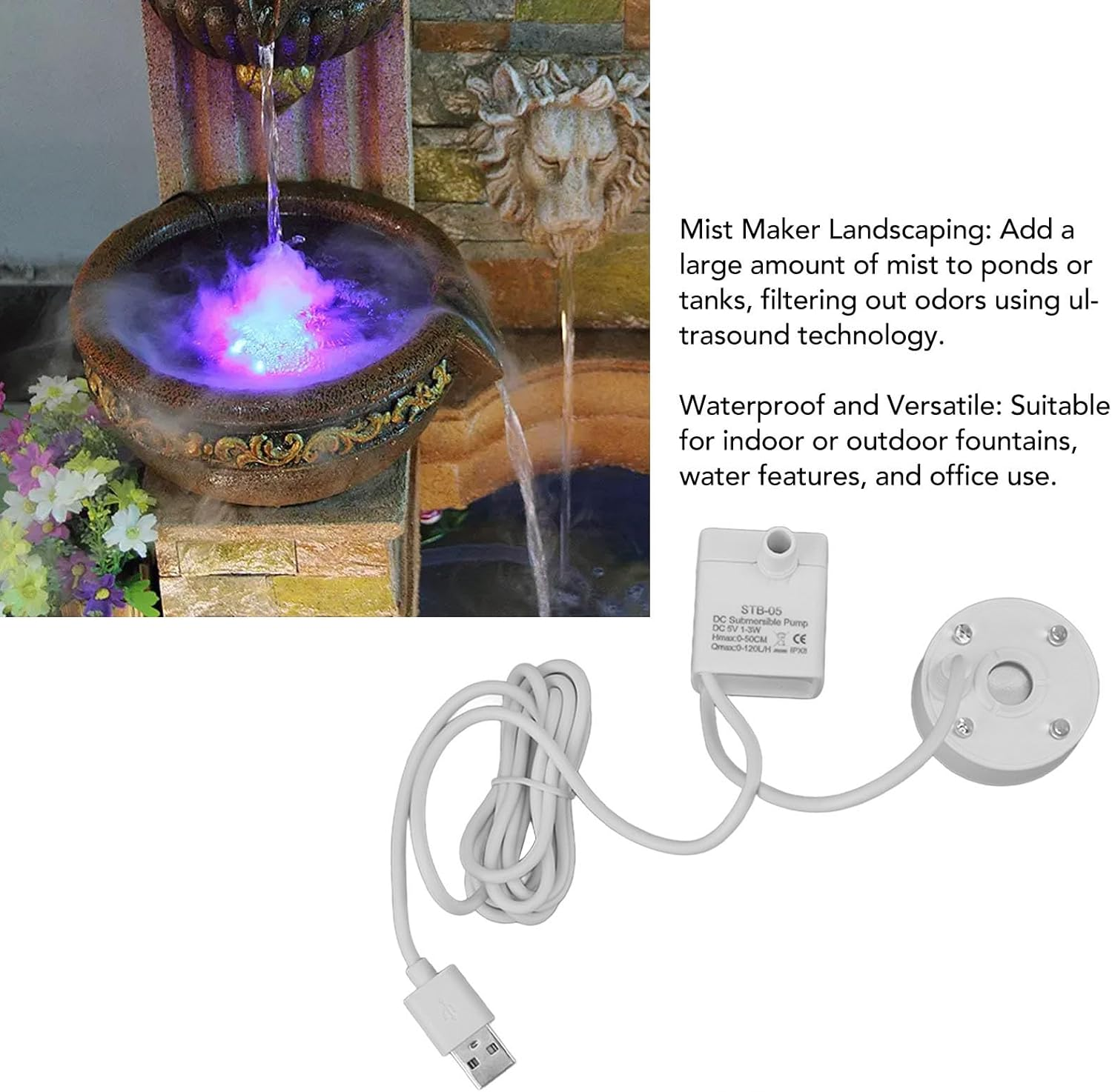 Mist Maker, 5V USB Powered Water Fountain Pond Fog Machine Atomizer Air Humidifier, Small Mist Maker Fogger with LED Changing Light for Water Feature, Christmas, Holiday image number 1