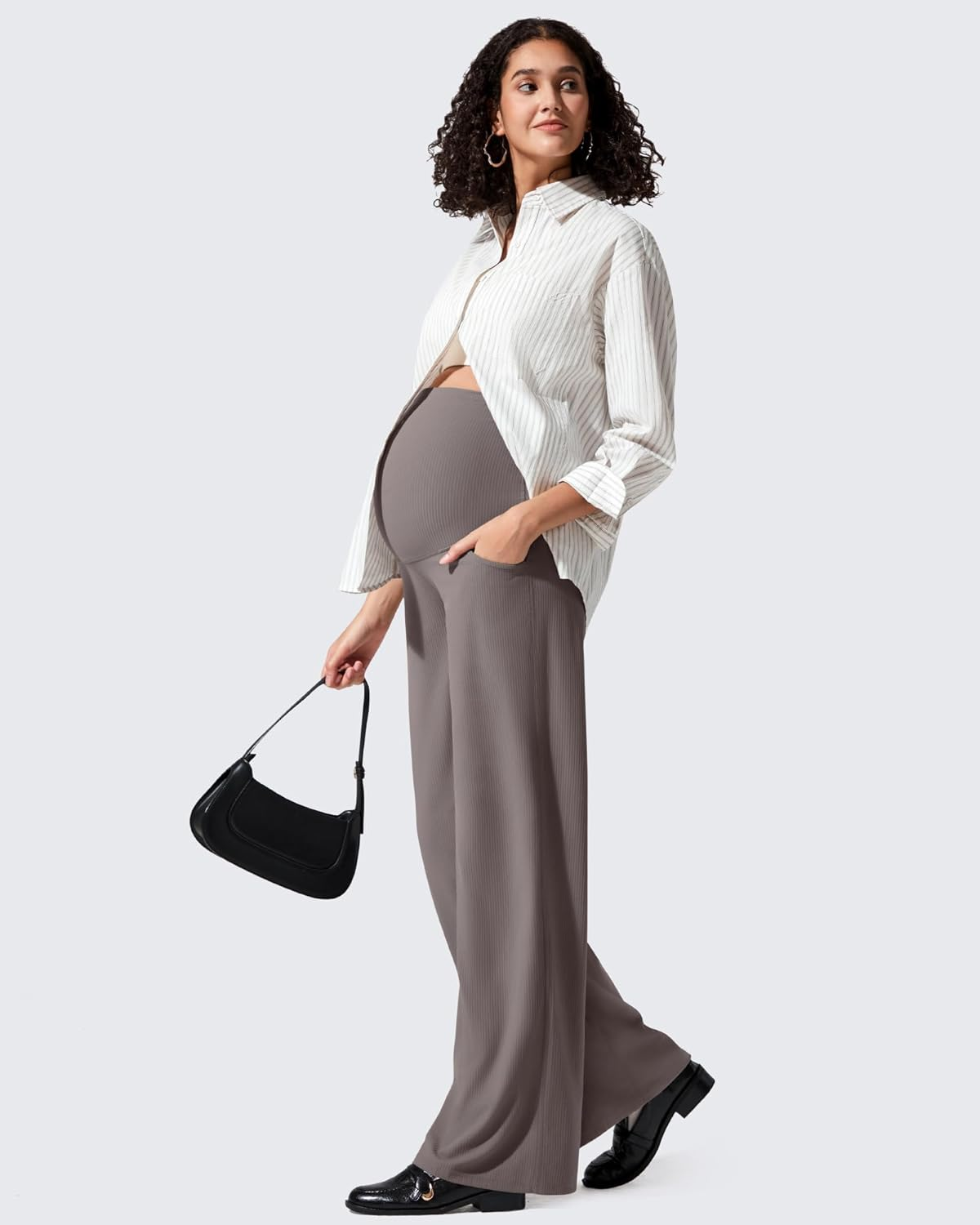 G4Free Ribbed Maternity Yoga Pants with Pockets over the Belly Wide Leg Casual Pregnancy Lounge Trousers image number 6