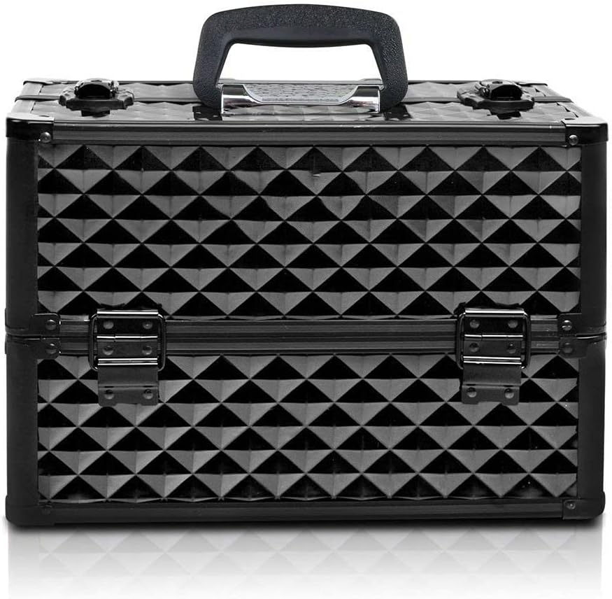 Costcom Portable Beauty Makeup Cosmetic Case Organiser Carry Bag Box Diamond W/Strap Cosmetic Storage Box with Sliding Trays, Safety Lock & Velvet Lining (Diamond Black) image number 3