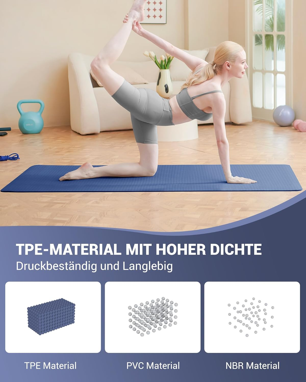 Good Nite Yoga Mat Gymnastics Pilates Exercise Mat for Women Non-Slip Thick 6Mm with Carry Strap Tpe 183 X 61 X 0.6Cm - Blue image number 7