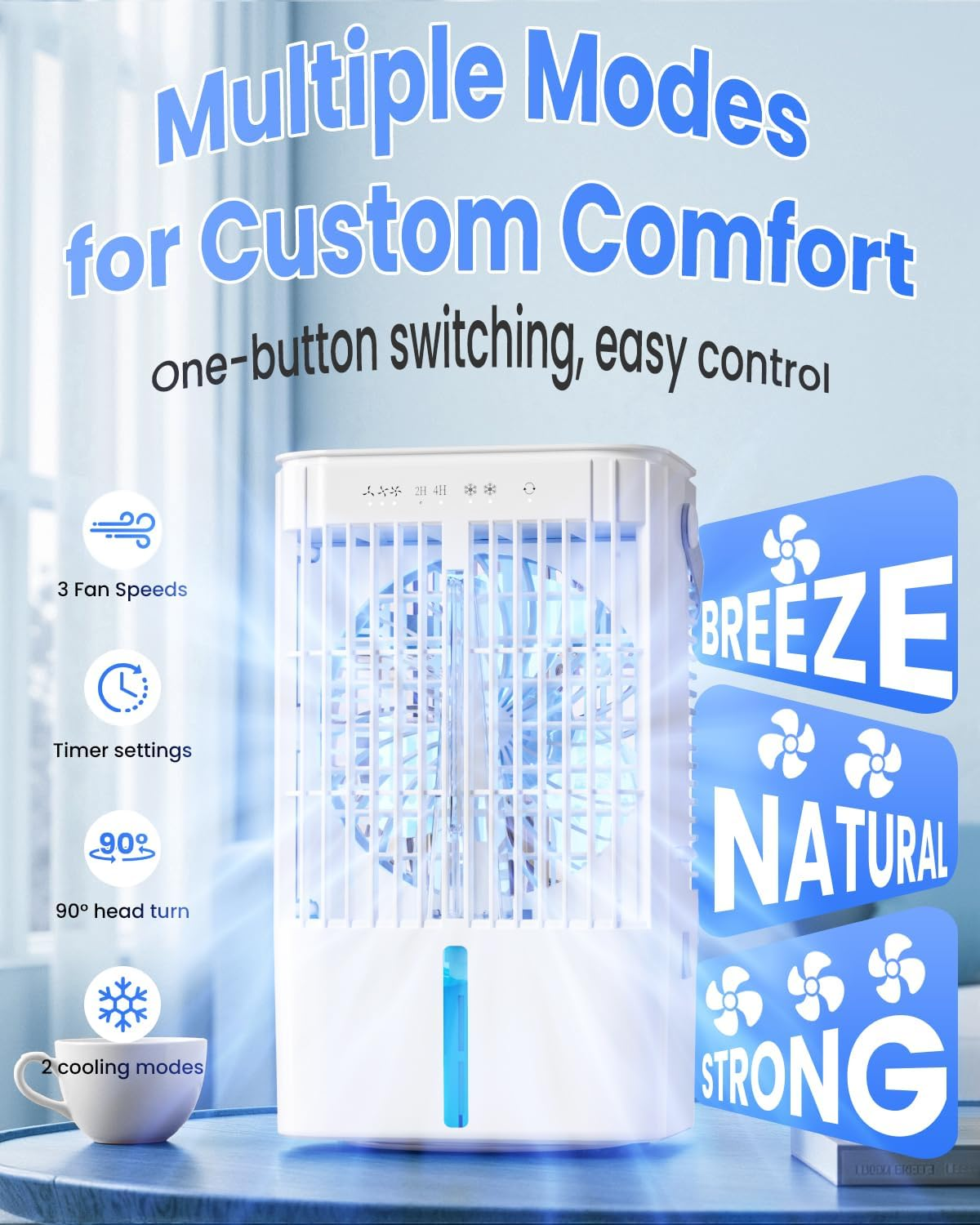 YESDEX Portable Air Conditioner - Evaporative Air Cooler Desk Fan 1200ML Water Tank, 3 Speeds & Timer Personal Cooling Fan, 90&deg; Oscillating Mini AC Unit USB Fan for Home Bedroom Office Indoors Room image number 4