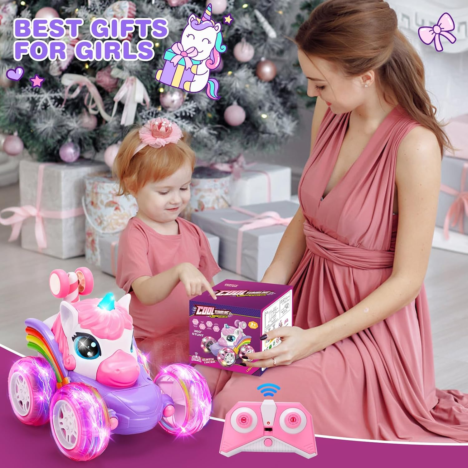 Unicorn Remote Control Car for Girls, Unicorn Toys 360&deg; Rotating 4WD Stunt RC Cars with Cute LED Lights，2.4Ghz Rechargeable RC Car Toy Birthday Gifts for Kids Girl Age 3 4-6 6-8 image number 2