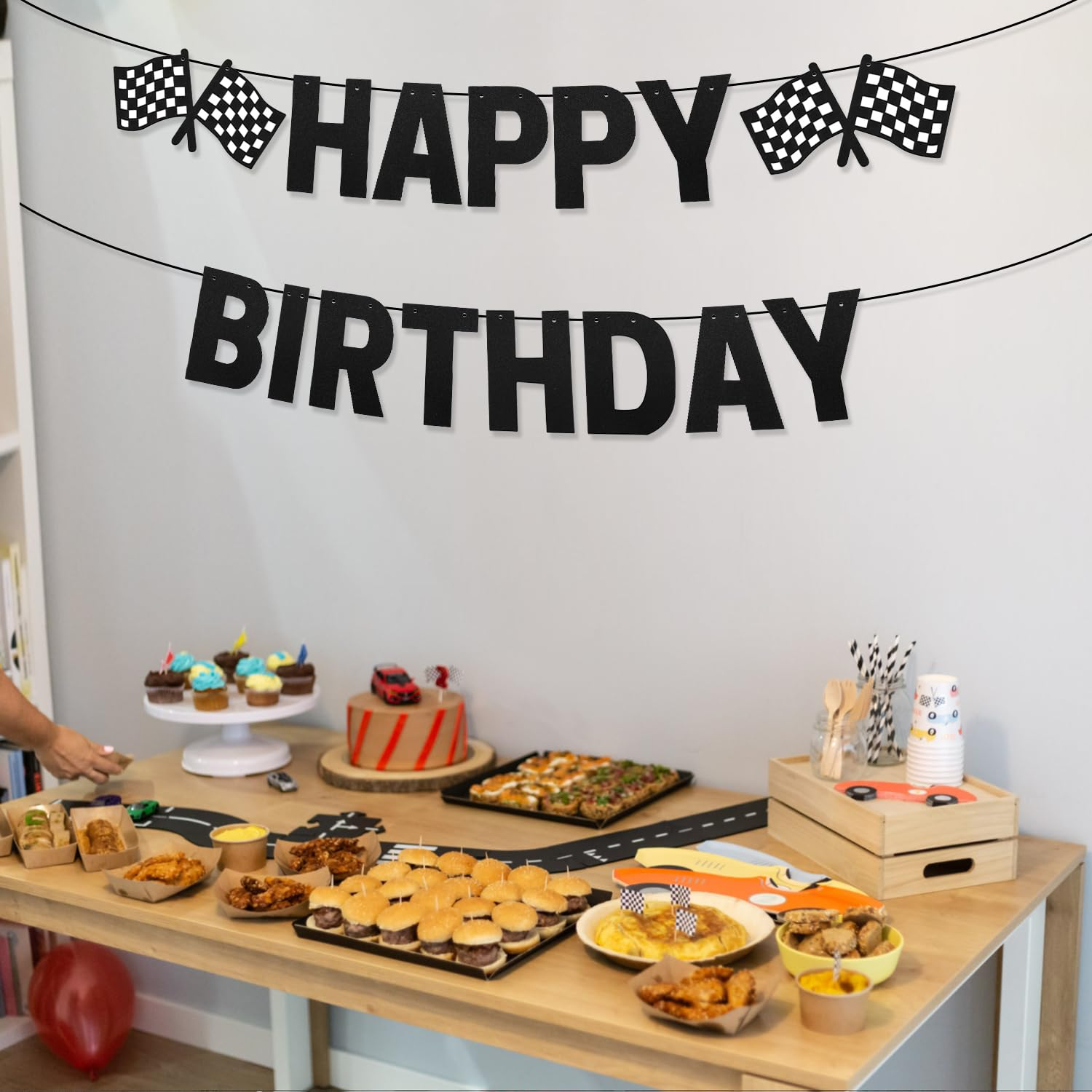 Race Car Happy Birthday Banner, Checkered Flag Banner Black Racing Birthday Banner Cars Birthday Decorations for Themed Birthday Party Supplies image number 1