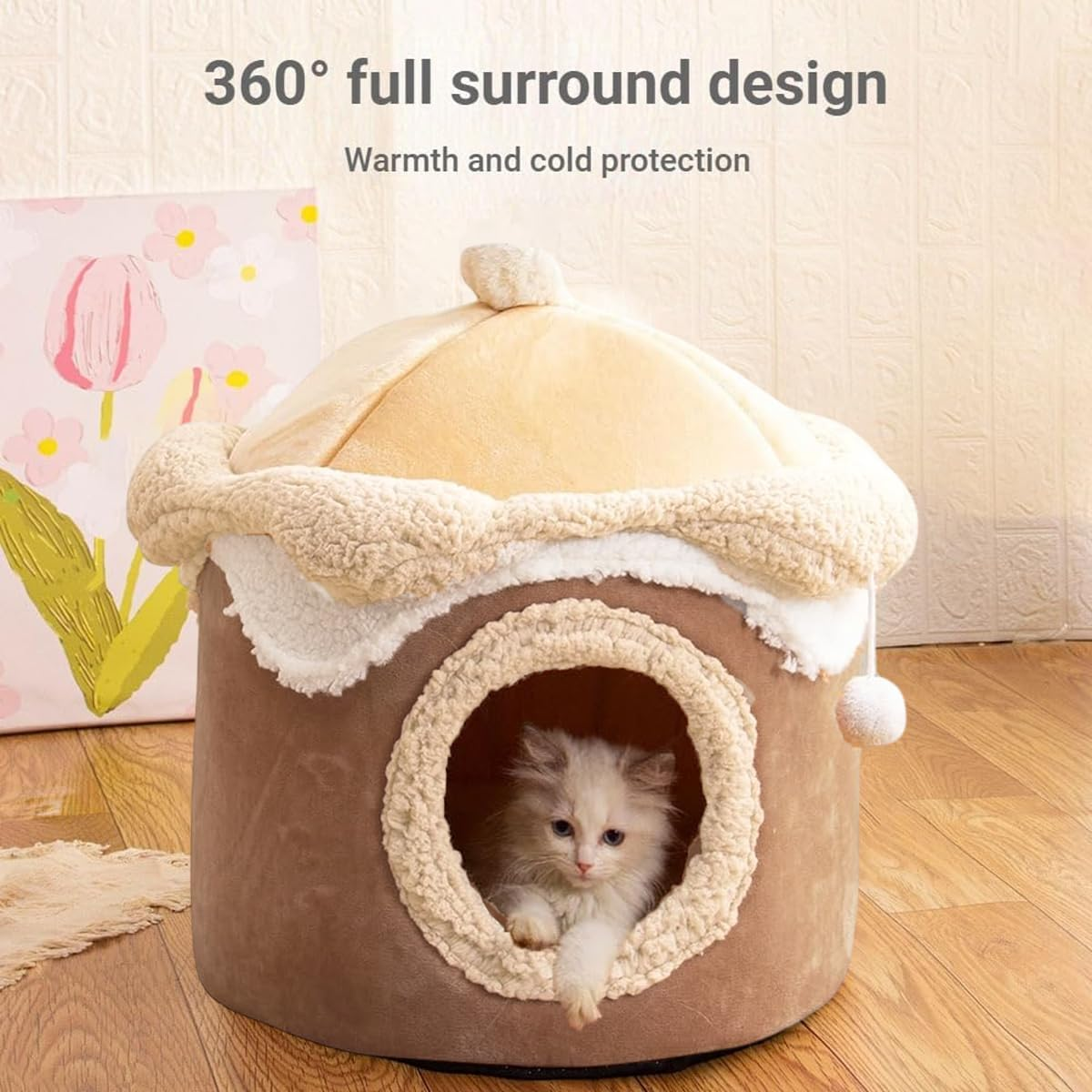 AIMALL Ice Cream Shape Cat Bed Winter Warm Plush Kennel for Cats and Small Dogs, Cute Indoor Felt Pet House with Pom Toy, 15.74In or 18.89In &ndash; Brown image number 5
