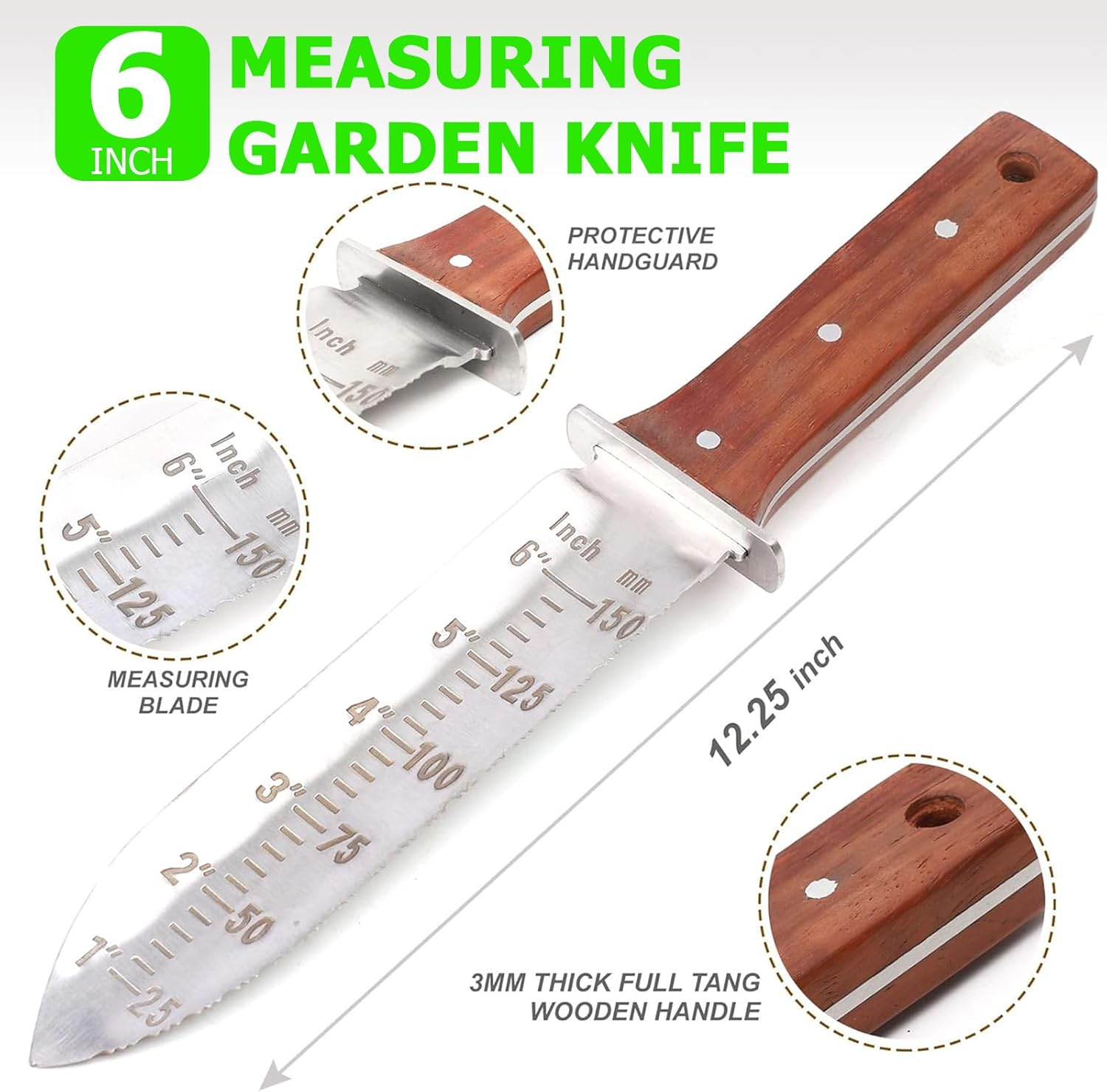 Hori Hori Garden Knife, Gardening Knife with PU Leather Sheath, Rosewood Handle, High Polished 440 Stainless Steel Blade, Sharpening Stone Included, for Weeding, Digging, Pruning, and Cultivating image number 5