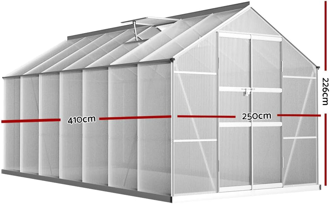 Green Fingers Greenhouse Polycarbonate House Garden Shed Walk-In Gardening Supplies Plant Stand Storage,410 X 250Cm Aluminium Frame with Lockable Door, Gutter System and Opening Roof Vents