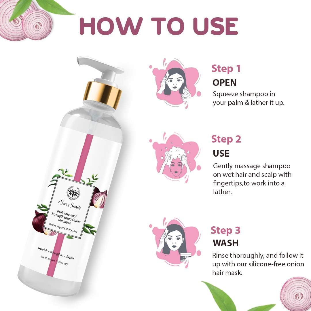 Seer Secrets Natural Onion Hair Pack of Restorative Scalp Curry Leaf, Neem & Onion Hair Oil 200 ML & Seer Secrets Probiotic Root Strengthening Yogurt, Curry Leaf & Onion Shampoo 200Ml- Combo Pack image number 6