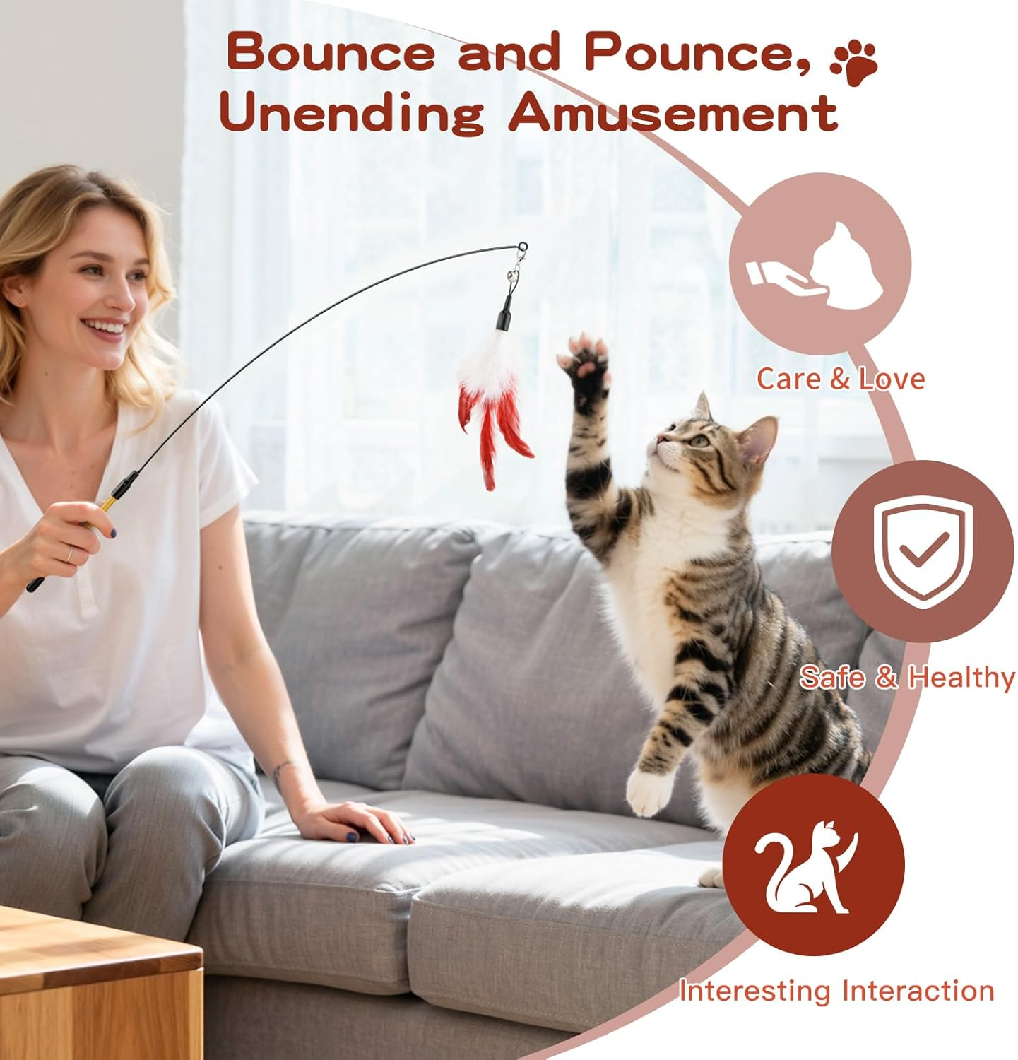 Pawaboo Feather Teaser Cat Toy, Interactive Feather Wand Cat Toy Flying Feather Cat Catcher with Extra Long 31.5" Wand and Small Bell, Exerciser Playing Toy for Kitten or Cat, Wine Red & White Feather