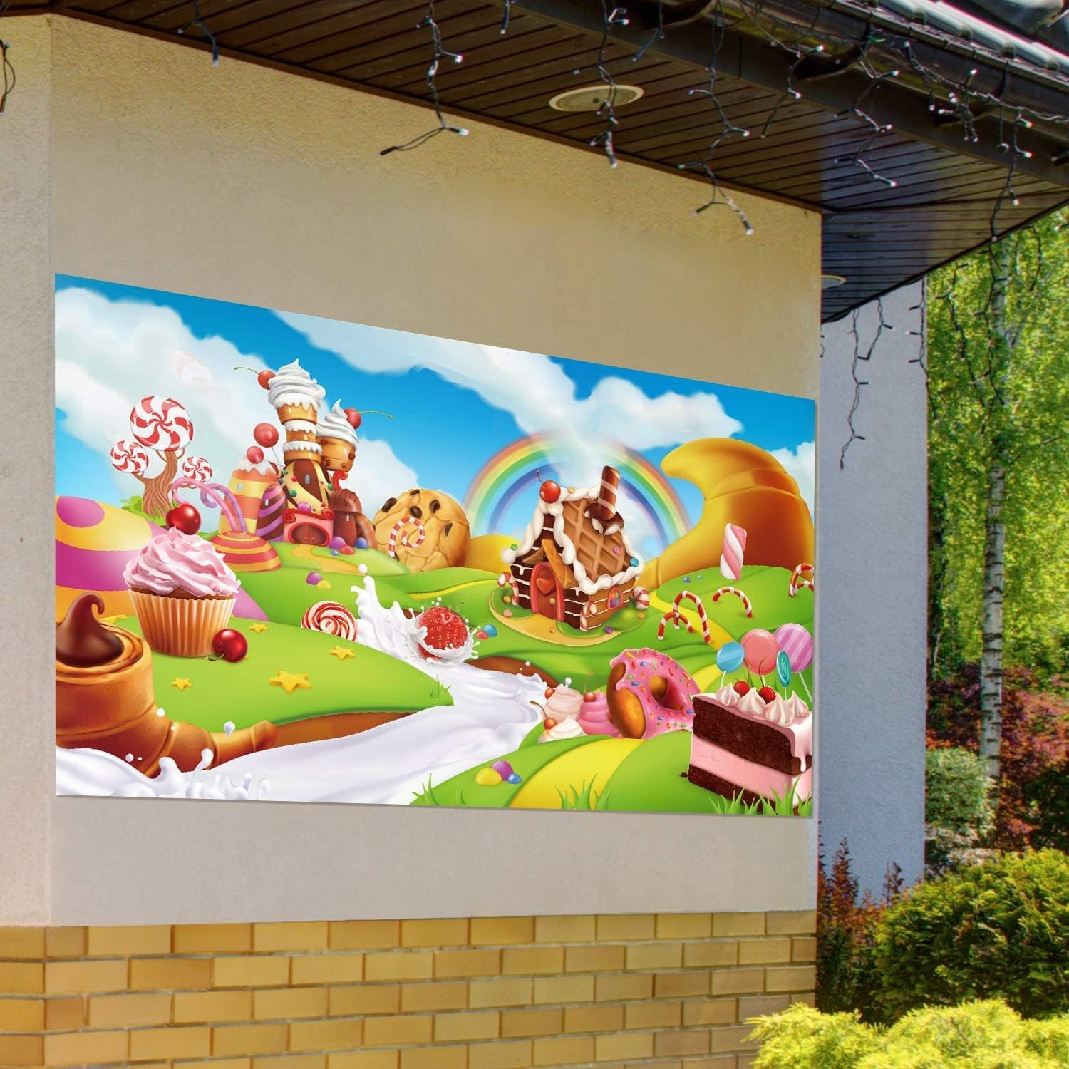 Candy Land Party Decoration Supplies, Extra Large Fabric Sweet Cartoon Background for Baby Shower Birthday Decoration, Lollipop Backdrop Candy House Banner Rainbow Baby Photography Background image number 3