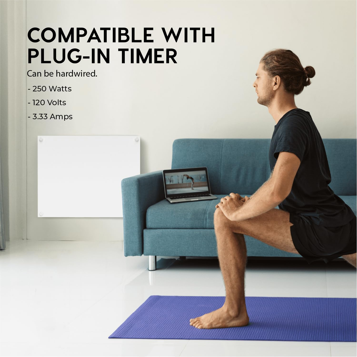 Econohome Wall Mount Space Heater Panel - 250 Watt Splashproof Convection Heater with Thermostat - Ideal for 100 Sq Ft Room or Bathroom - 240V Electric Heater image number 6