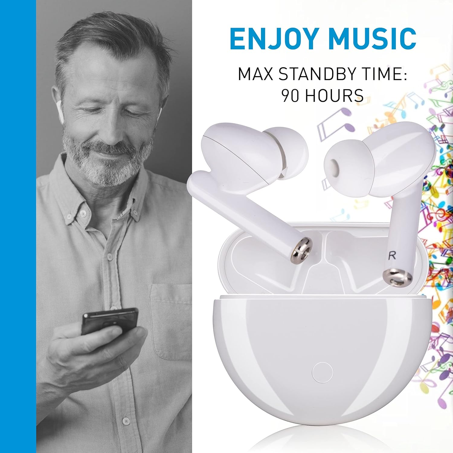 Grundig True Wireless Bluetooth Headphones - 5 Hours Playtime - USB C Charging Function - White