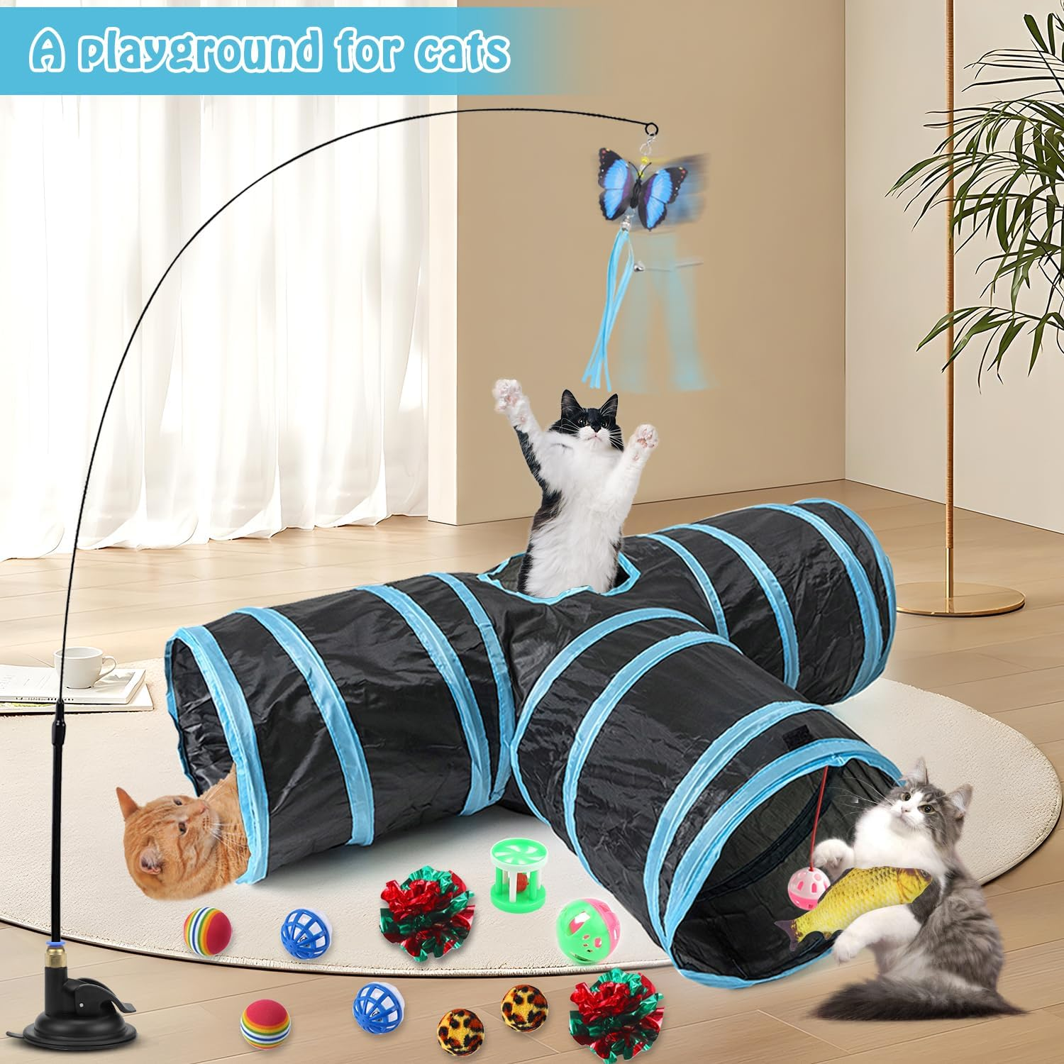 Interactive Cat Toy Set, Foldable Cat Tunnel, Angel Toy, 3-Way Play Tunnel for Cats, Rabbits, 39 Pieces, Cat Tangle Suction Cup, round Tunnel, Cat Toys Accessories, Cat Activity image number 6