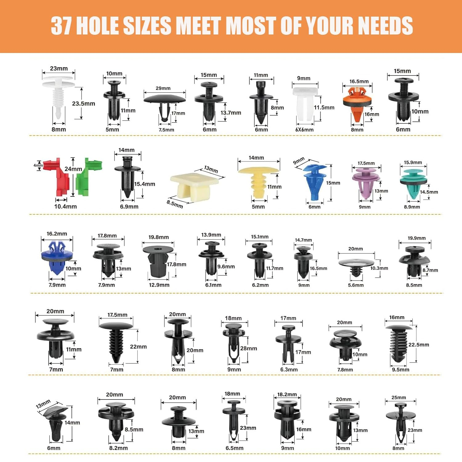 1295Pcs Car Push Retainer Clips & Auto Fasteners Assortment,Body Clips Fasteners Kit 37 Most Popular Sizes Fender Rivets Clips with 5 Removal Tools,10 Cable Ties for Bumper,Fender,Door Trim image number 4