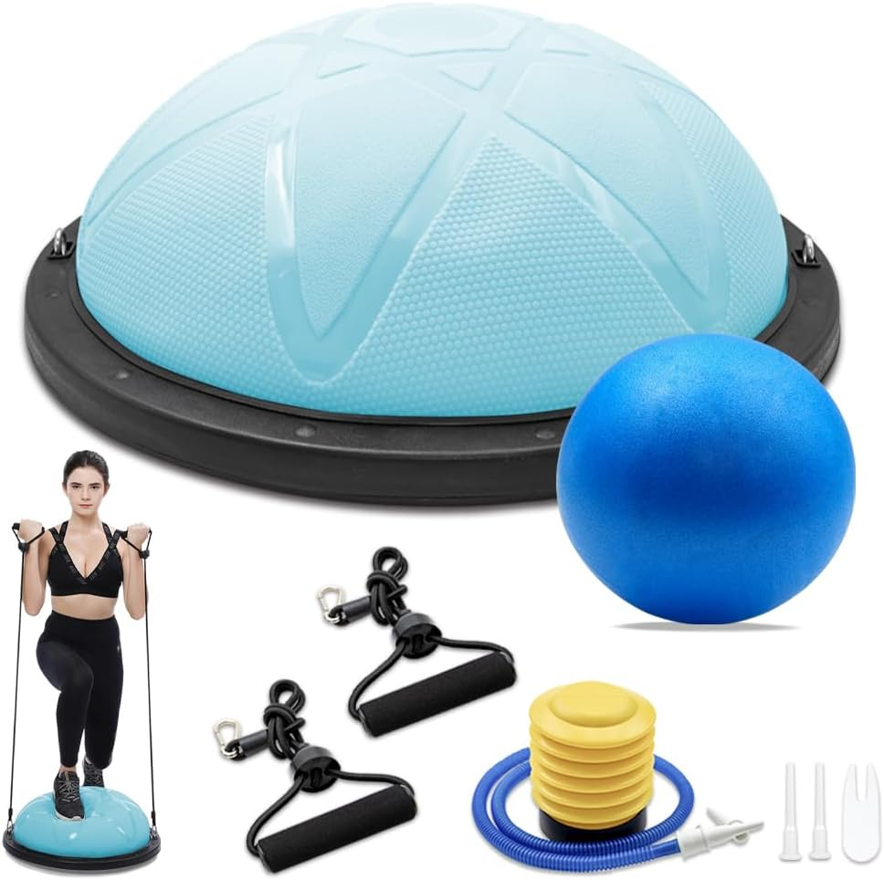 300KG Half Balance Ball Trainer,7Pcs Half Exercise Balance Ball Trainer Set with 2 Resistance Bands,Yoga Ball&Foot Pump,58Cm Stability Ball for Full Body Workout,Exercises,Home Gym,Physical Therapy
