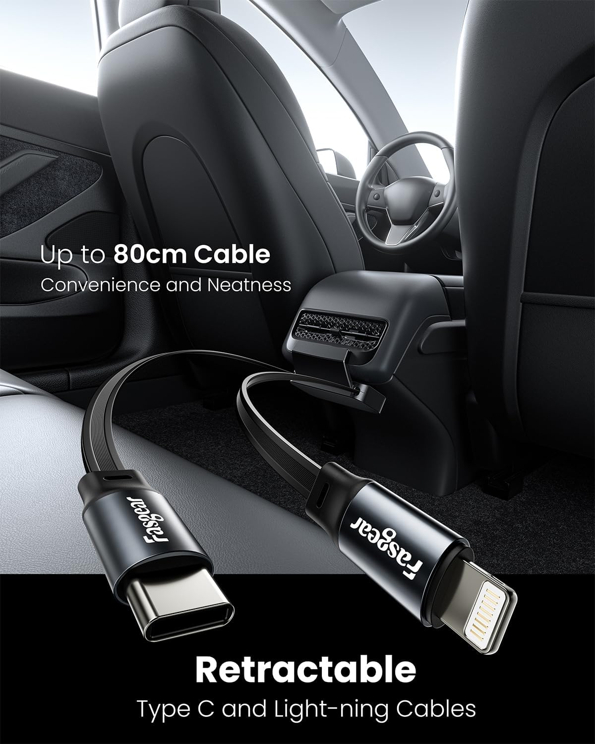 Fasgear Rear USB Charging Hub Docking Station Compatible for Tesla Model Y 2024, Model 3 Model Y (2021 2022 2023) 80Cm 27W Retractable Lightning Cable & Type C Cable with Rear AC Vent Outlet Cover image number 2