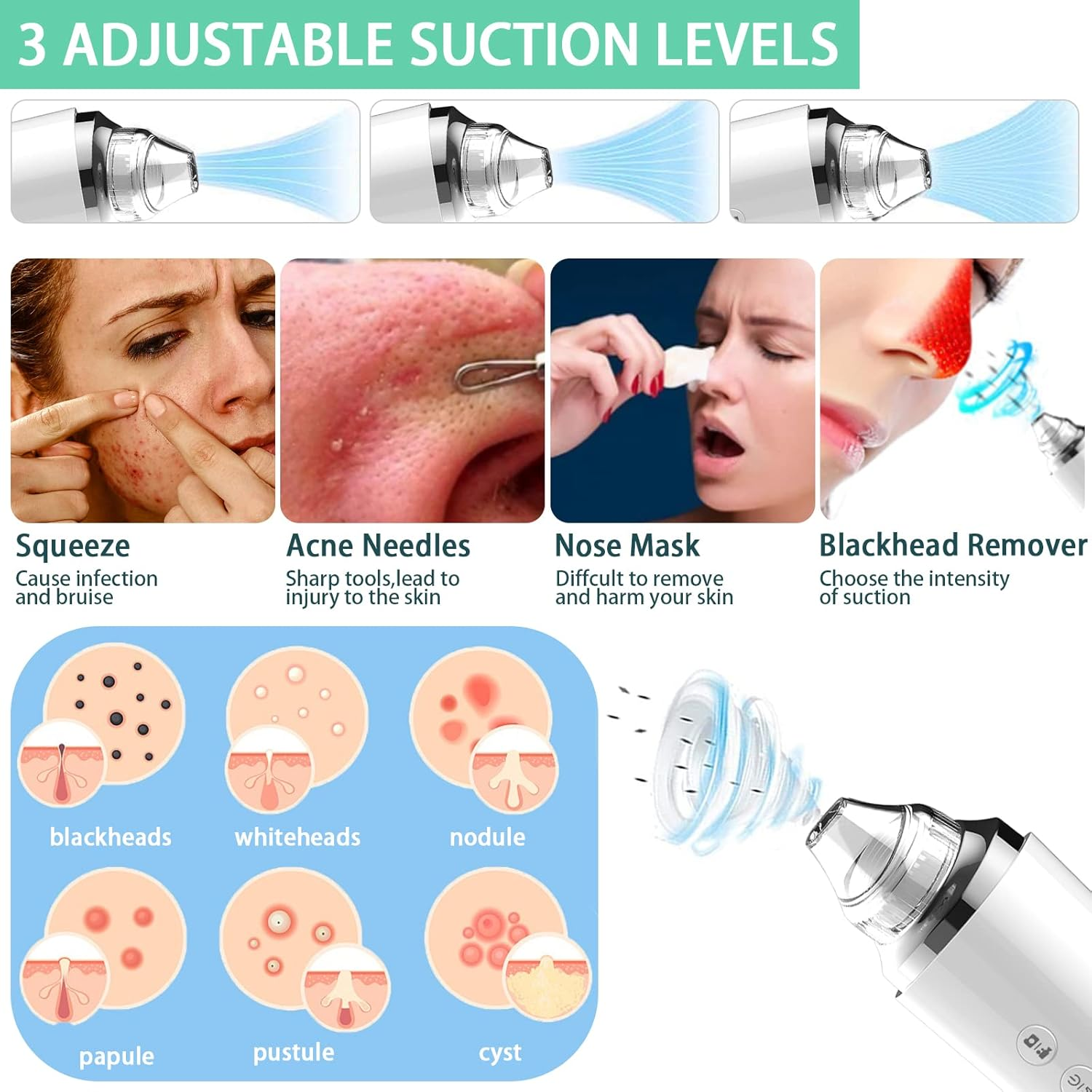 Blackhead Remover Pore Vacuum with Camera, Black Head Remover Suctioner 3 Suction Power & 6 Probes, Wifi Real-Time Skin Screen,Upgraded Pimple Vacuum Acne Comedone Extractor - Green image number 4