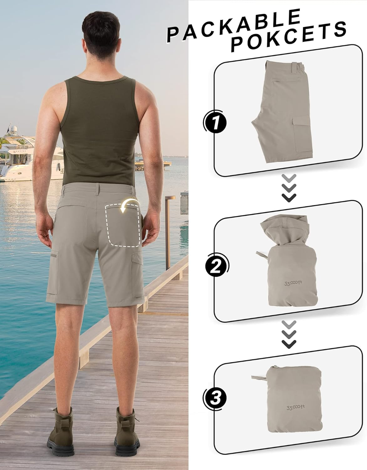 33,000Ft Men'S Golf Shorts with UPF50+ Summer Trekking Pants, Packable Outdoor Cargo Bermuda Shorts with 7 Pockets for Hiking, Camping, Travelling image number 5