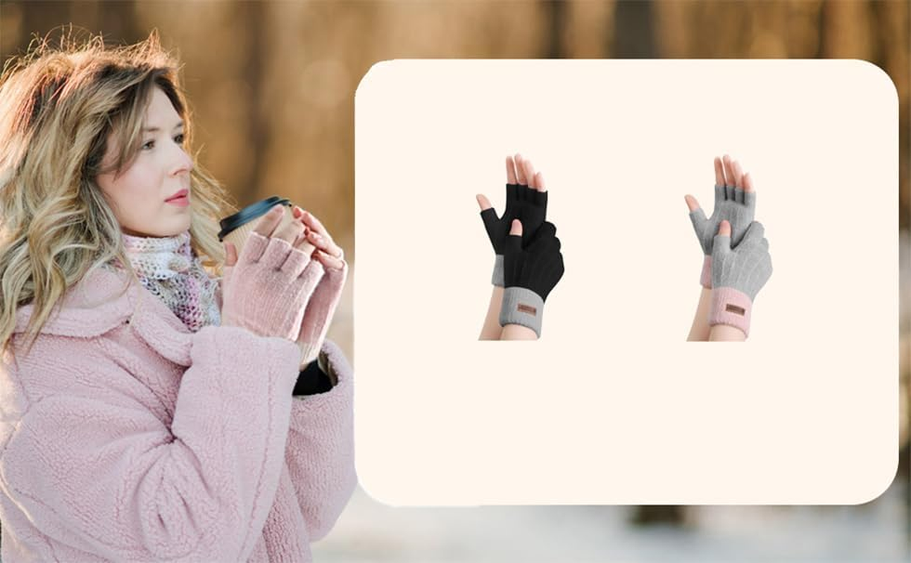 2 Pairs Fingerless Gloves for Women Warm, Winter Thermal Gloves Knitted Soft Half Fingers Mittens for Cold Weather Driving Working Typing - Black  Pink image number 2