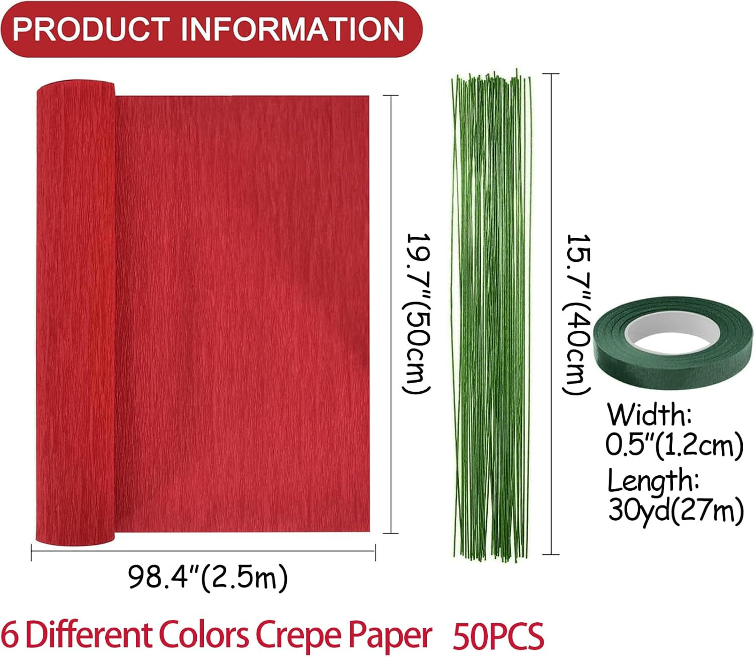 Yeanifeana Professional Crepe Paper Kit, 6 Rolls Red Streamers with Floral Tape & Stem Wires for Wedding Decorations, DIY Flower Crafts, Party Supplies and Festival Decoration Materials image number 4