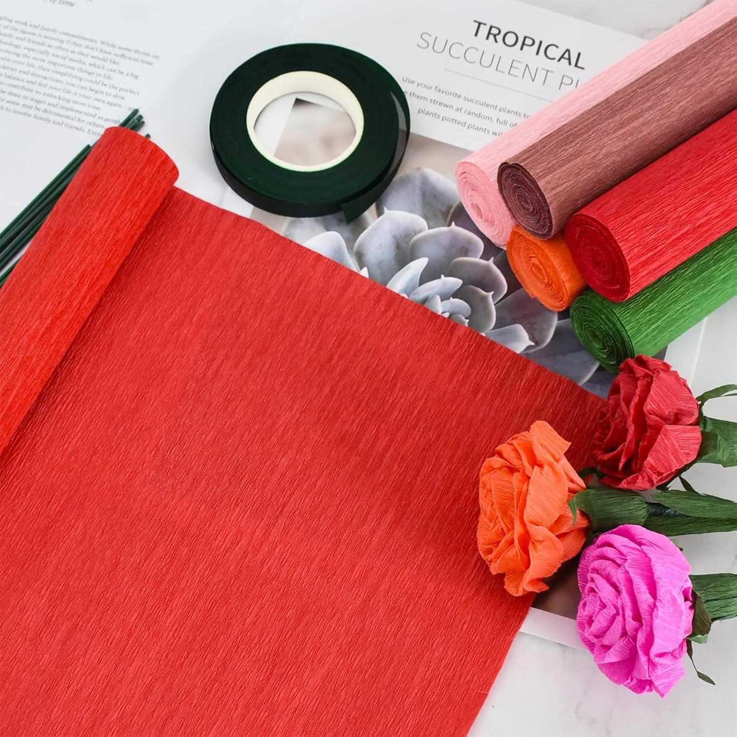 Yeanifeana Professional Crepe Paper Kit, 6 Rolls Red Streamers with Floral Tape & Stem Wires for Wedding Decorations, DIY Flower Crafts, Party Supplies and Festival Decoration Materials image number 1