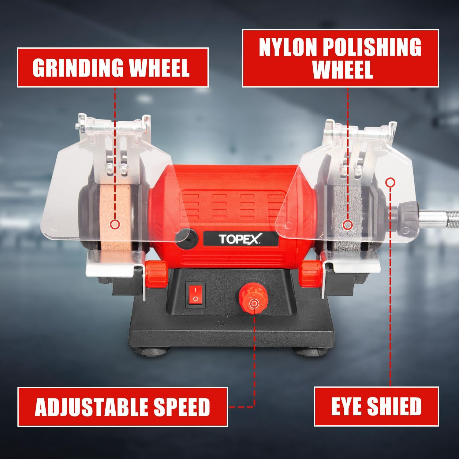 TOPEX 120W Bench Grinder Polisher W/ 2 Grinding Wheels& Adjustable Tool Rests& Eye-Protecting Shields& Static Wheel Guards, Multifunction Electric Polishing Grinding Engraving Buffing Machine image number 5