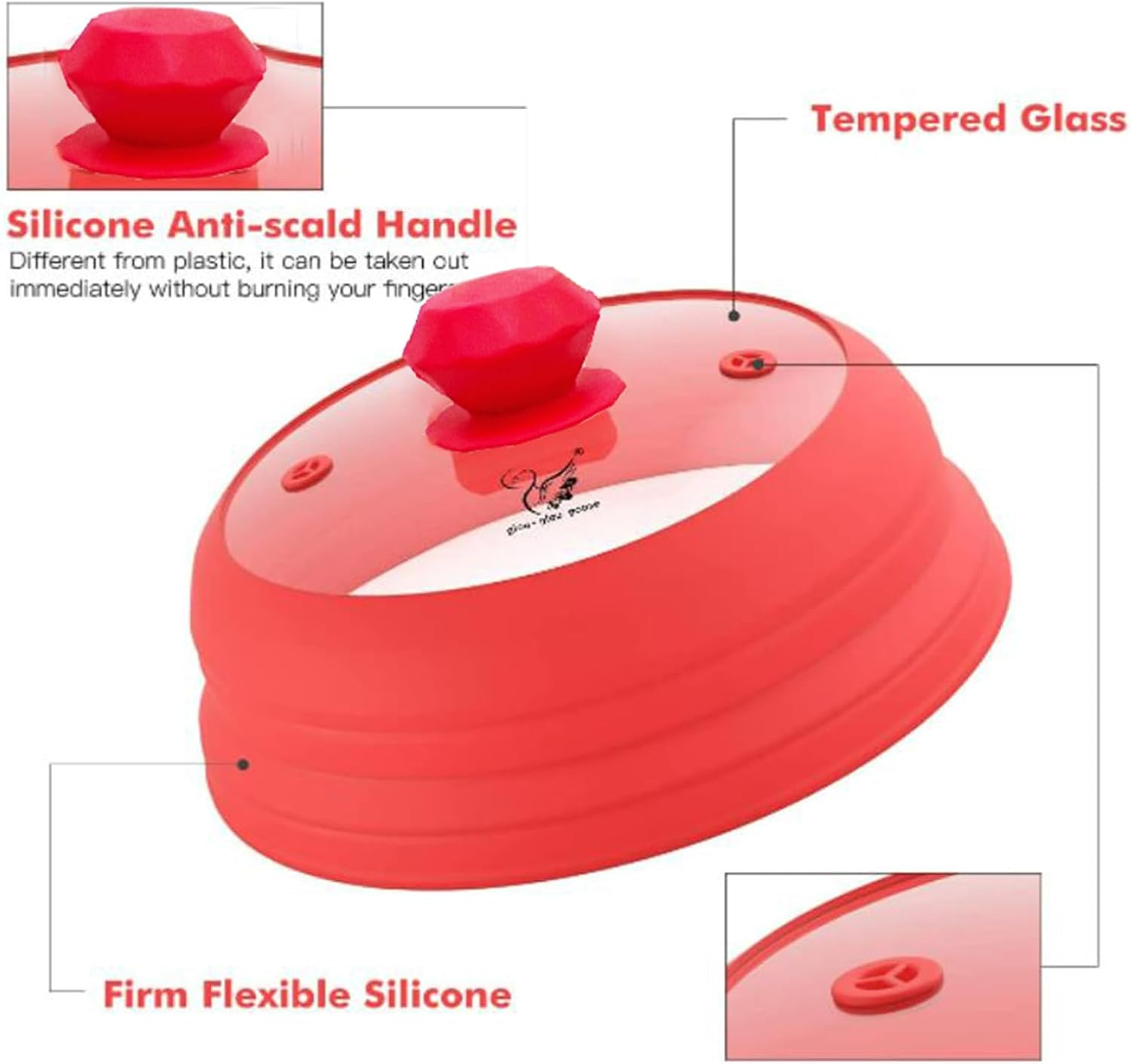 Viviendo Universal Silicone Lid, Collapsible Microwave Tempered Glass Cover and Multifunction Silicone Splatter Guard Lid - Large Red image number 2