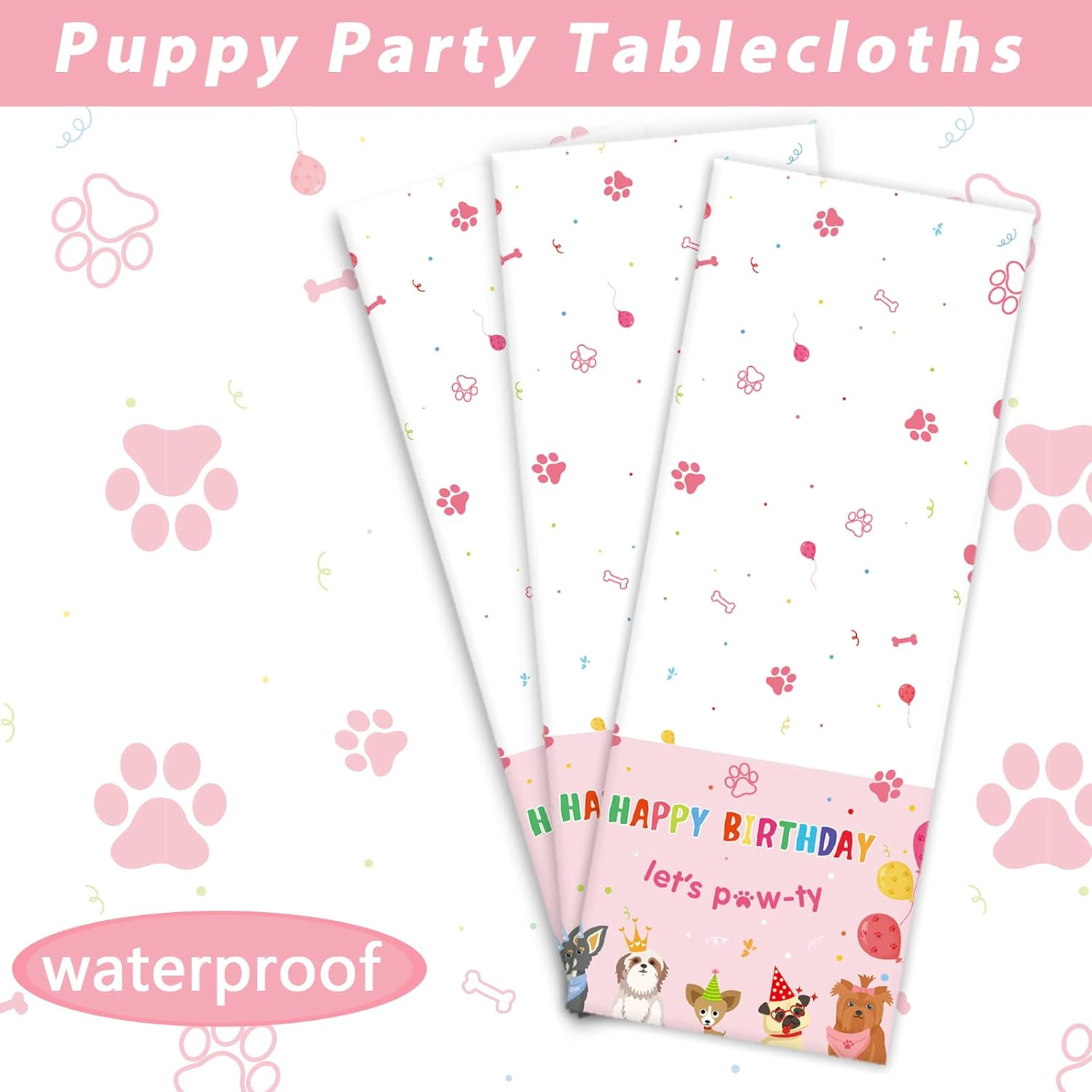 3 Pack Dog Birthday Party Decorations Pet Dog Tablecloths Puppy Table Covers Pink Dog Party Supplies Paw Print Table Decor for Girls Kids Lets Pawty Birthday Baby Shower Party Favor 54 X 108 Inch image number 5