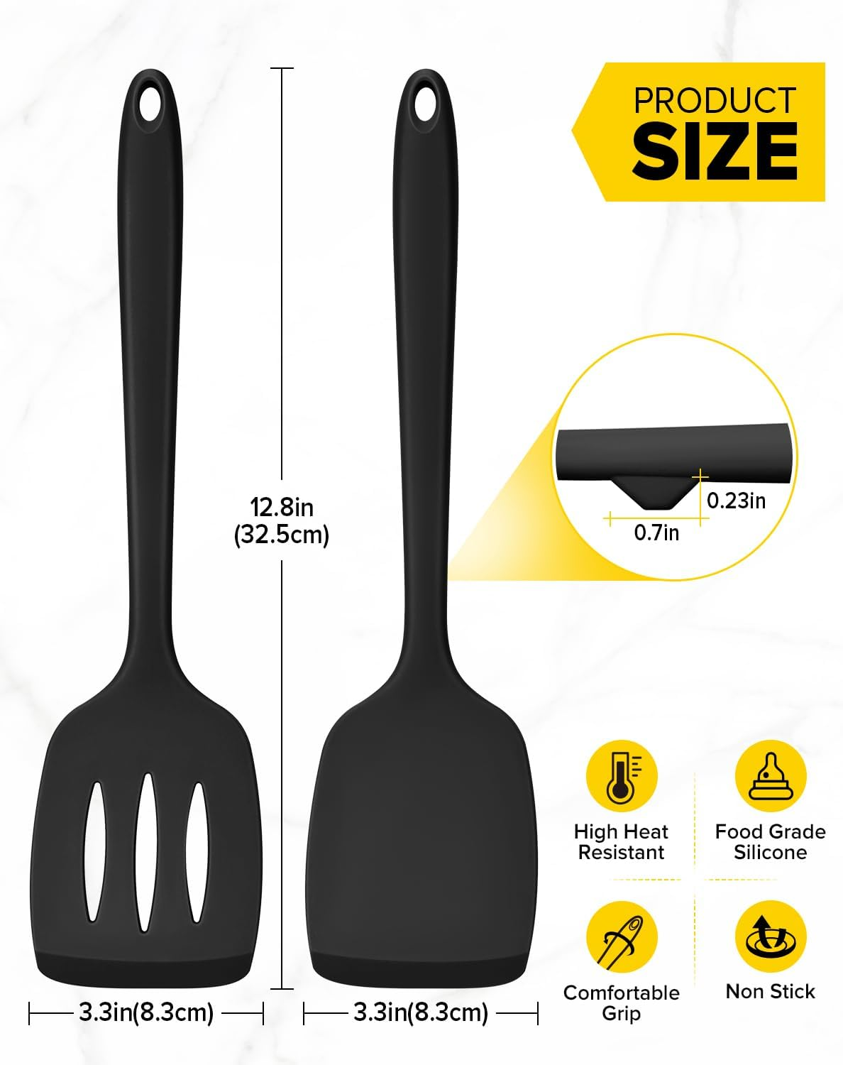 Pack of 2 Silicone Spatula Turners, Non Stick Slotted Kitchen Spatula Set, Heat Resistant BPA Free Kitchen Utensils, One-Piece Design, Suitable for Flipping Fish, Eggs, Steak, Pancakes(Black) image number 4