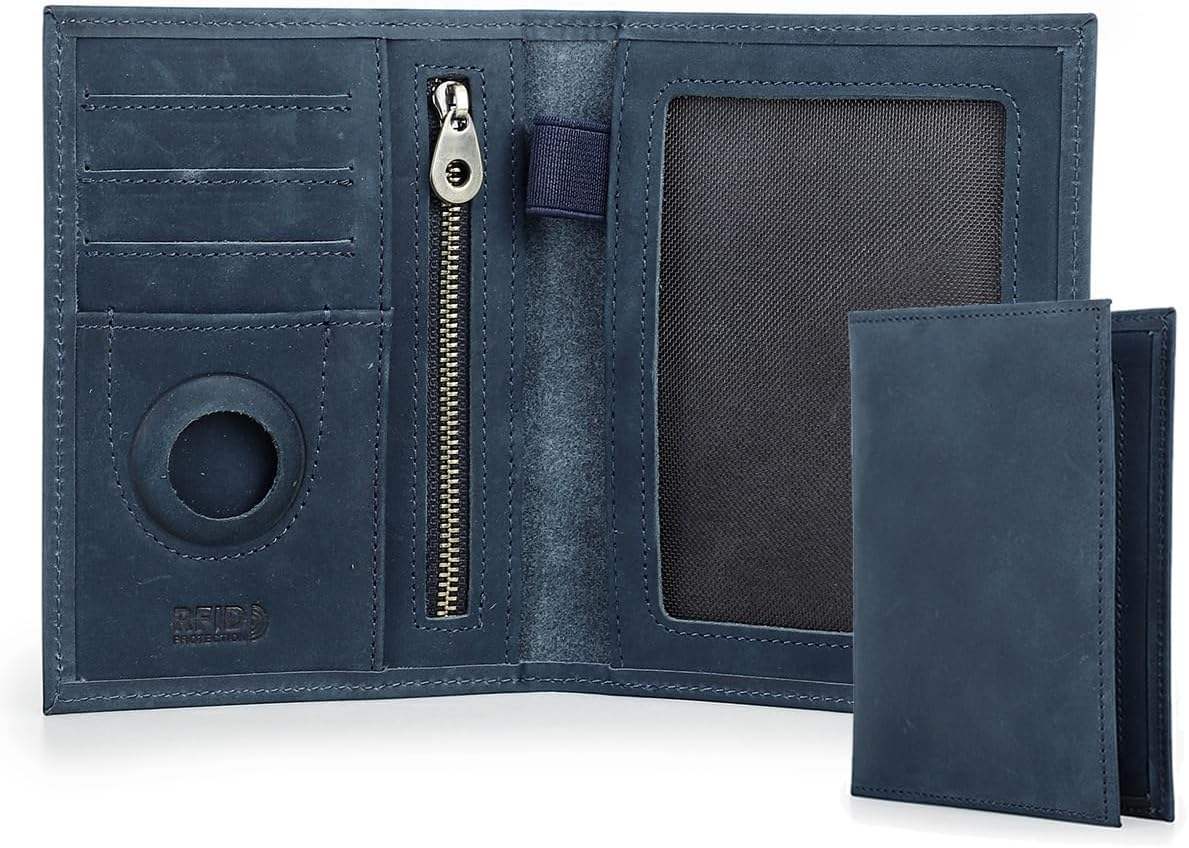 Contacts Full Grain Leather Passport Holder for Women RFID Blocking Travel Passport Wallet Slim Compatible with Airtag Passport Case with Coin Pocket, 4 Card Slot (Badge, Red)