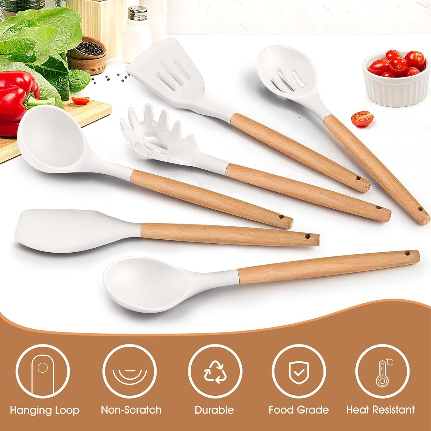 E-Far White Cooking Utensils Set of 6, Silicone Kitchen Utensils with Wooden Handle, Non-Stick Cookware Friendly & Heat Resistant, Includes Spatula/Ladle/Slotted Turner/Serving Spoon/Spaghetti Server image number 7