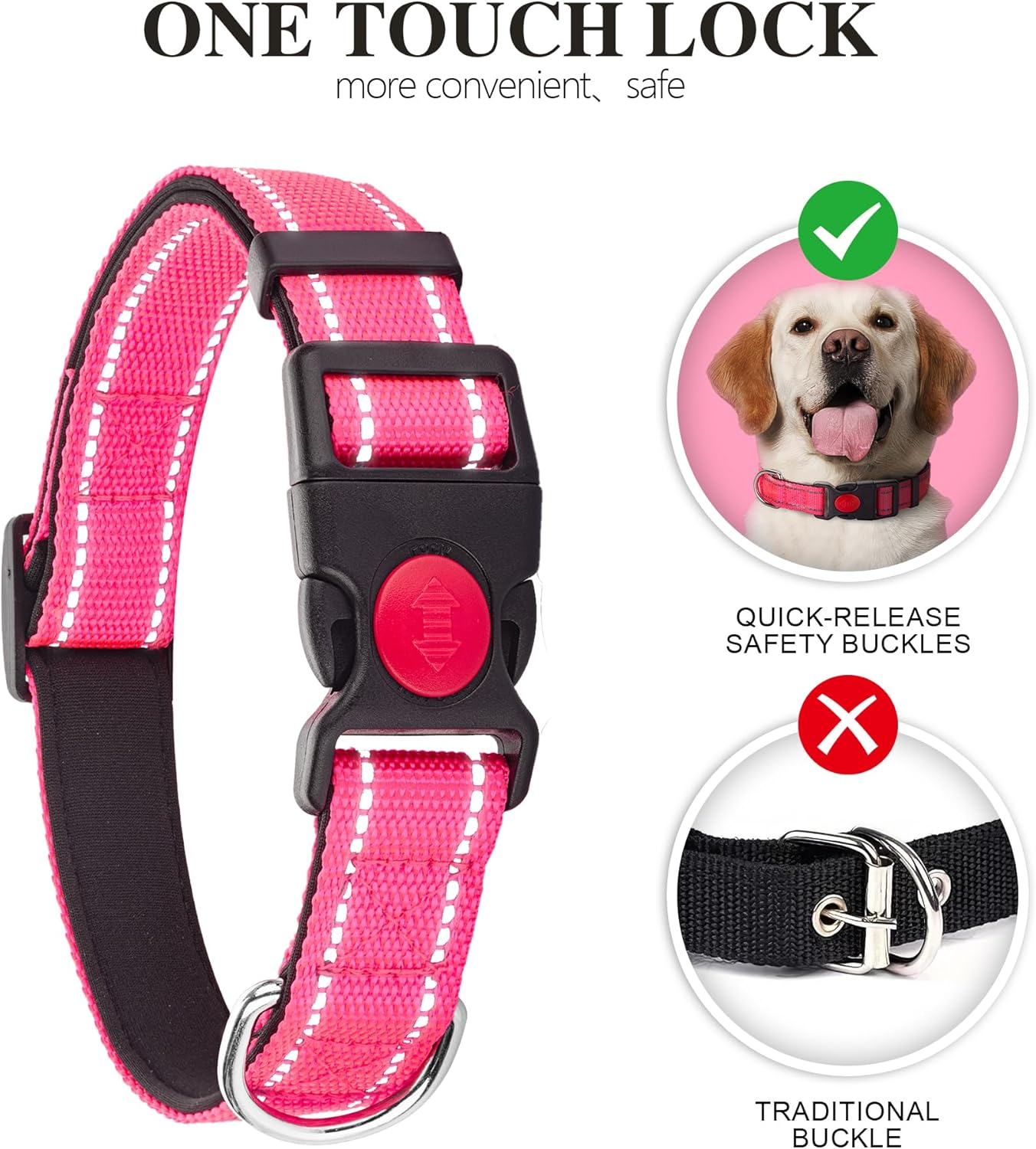 2 Pack Reflective Dog Collars for Medium Dogs Girl Boys,Nylon Durable Soft Padded Neoprene Male Female Dog Collars for Small Puppy Extra Large Dogs with Quick Release Safety Buckle,Pink,Blue,M image number 6