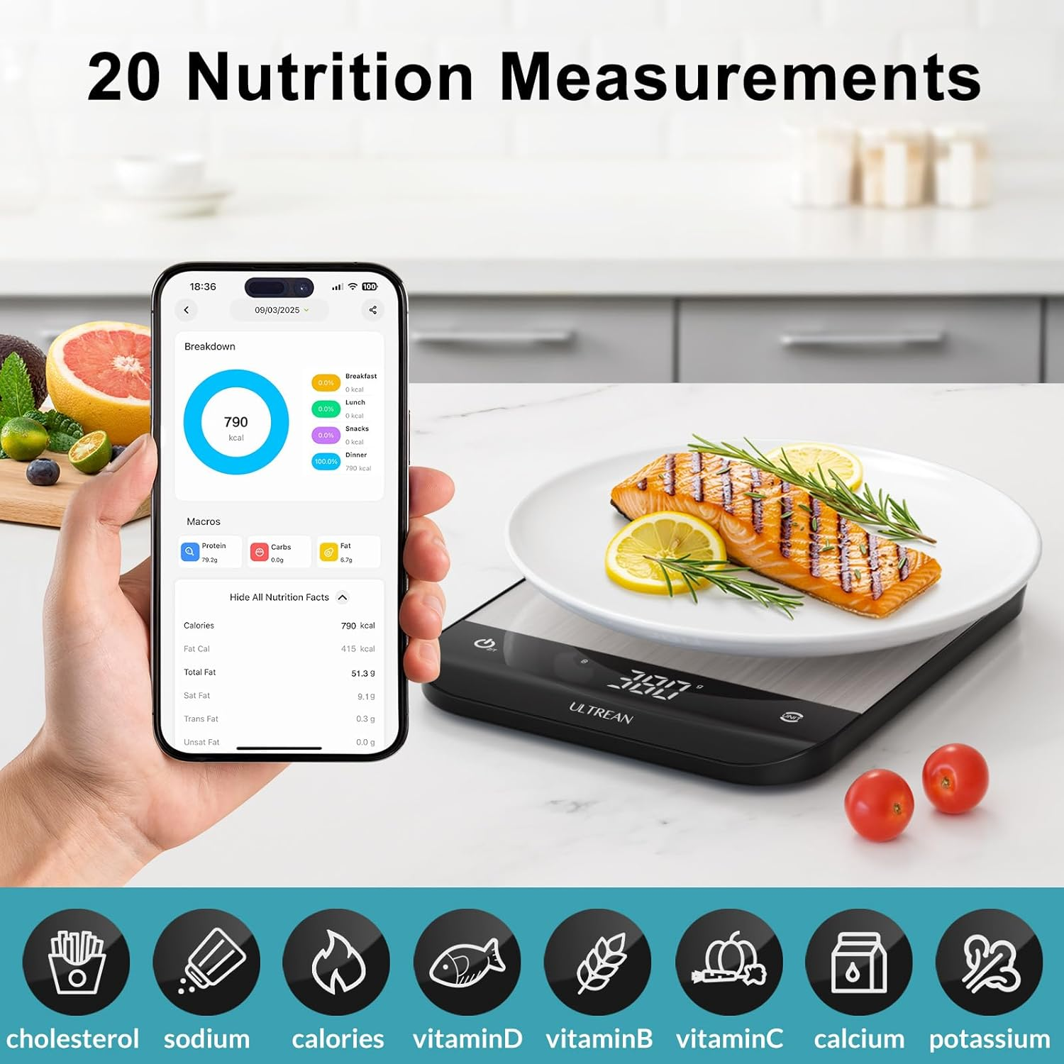 Ultrean Food Scale with Nutritional Calculator,Digital Grams and Ounces for Baking Cooking,Smart Food Weight Scale with App for Tracking 20 Nutrients, Calorie, Fat, Carbs, Stainless Steel, 33Lb - Led-Sliver image number 6