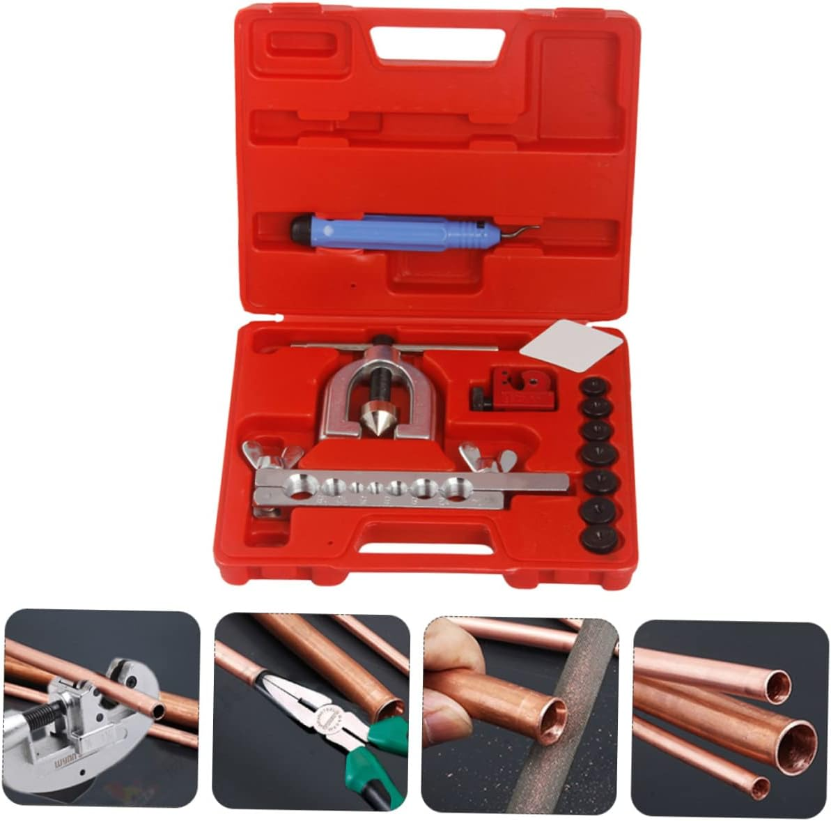 Beatifufu Flaring Tool Kit with Mini Pipe Cutter Manual Double Flaring Air Conditioner Flare Tools Copper Tube Expansion Automotive Repair Equipment for Vehicle Brake Line Maintenance image number 4