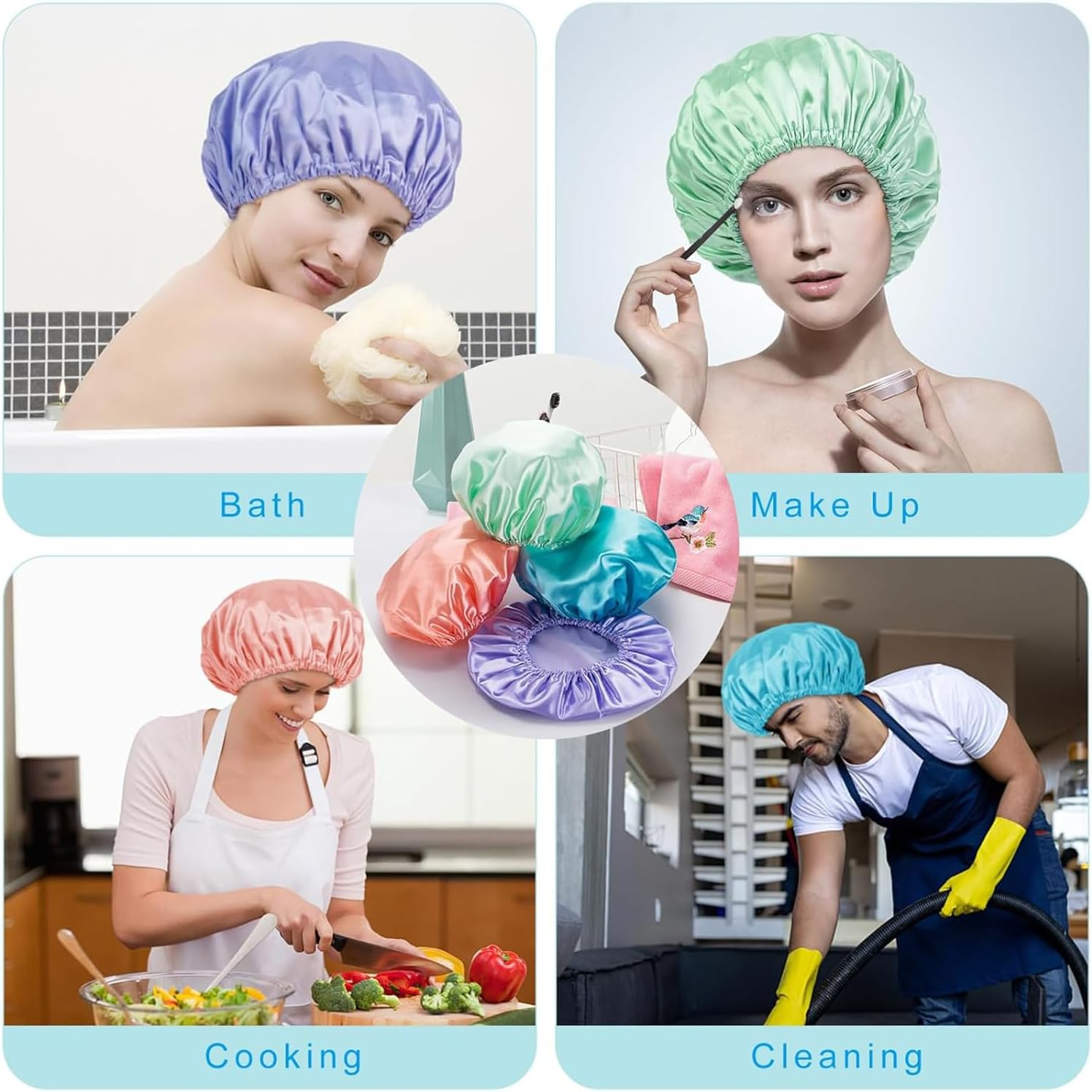 Shower Caps for Women,4 PCS Waterproof Bath Caps,Elastic and Reusable Shower Hair Cap,Double Layers Hair Cap,Environmental Protection Bathing Hat (Multicolour) image number 3