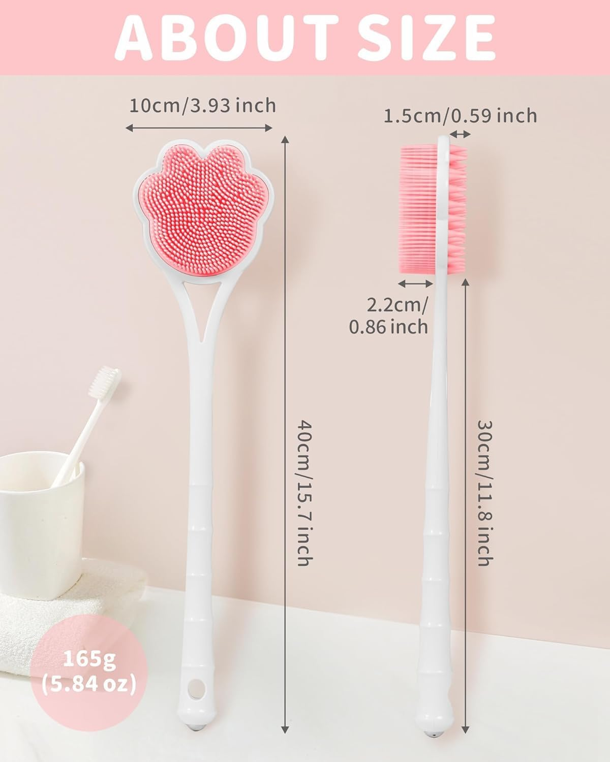 15.7 - Inch Long - Handle Silicone Back Brush, a Dual - Purpose Back Brush for Showering with Ultra - Soft Silicone Bristles, It'S a Bear - Shaped Body Shower Brush That Can Be Hung to Dry Ideal for Scrubbing the Back and Suitable for Sensitive Skin (Pink)