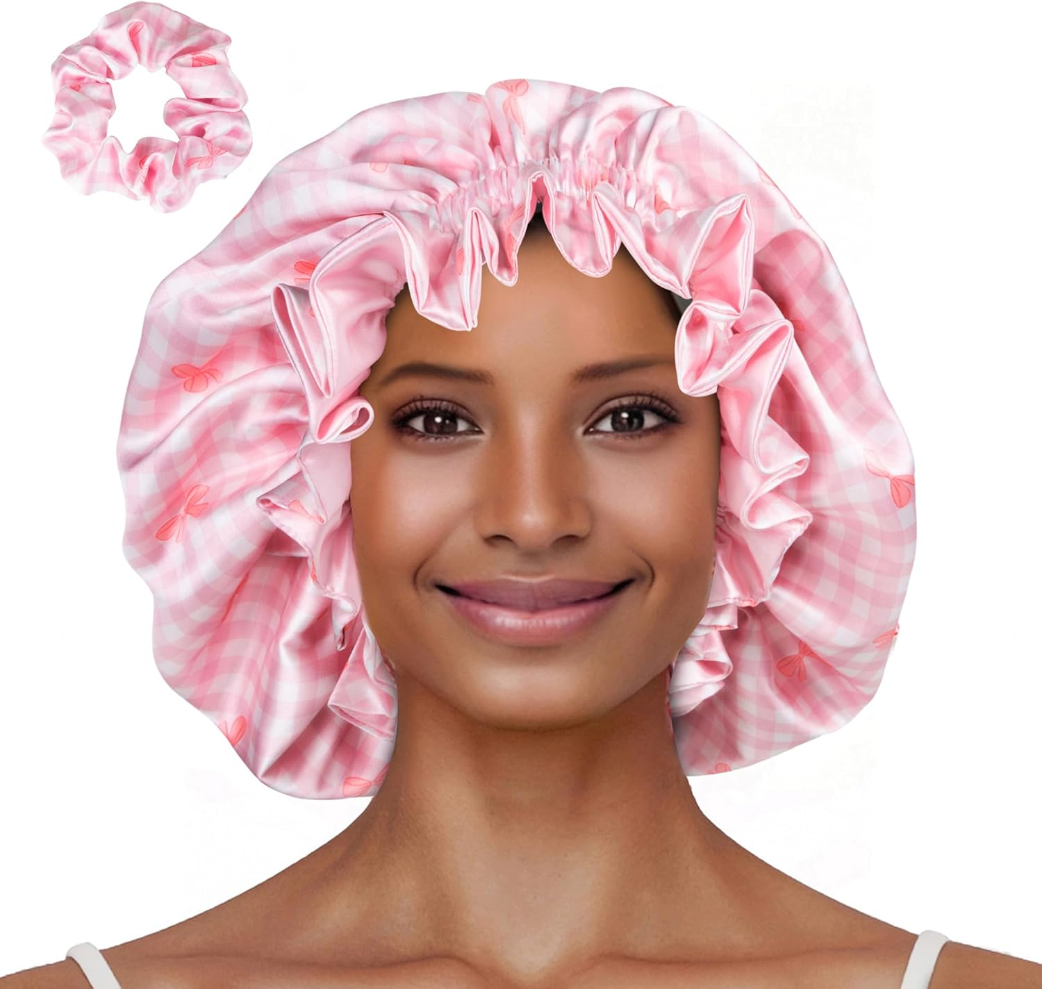Vettres Floral Satin Bonnet with Scrunchie Set,Double Layer Ruffle Reusable Sleeping Shower Cap for Curly Hair Yellow-Strawberries