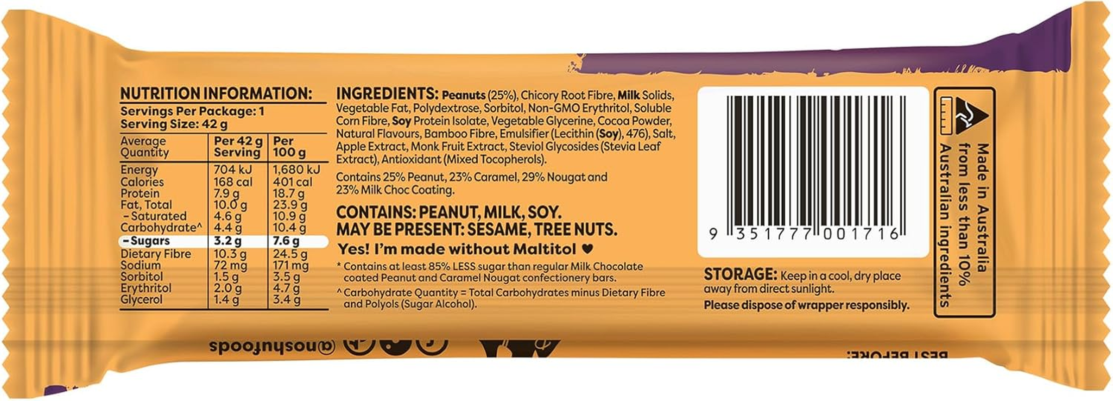Noshu 85% Less Sugar Milk Chocolate Peanut & Caramel Nougat Bar (12 X 42G Bars)