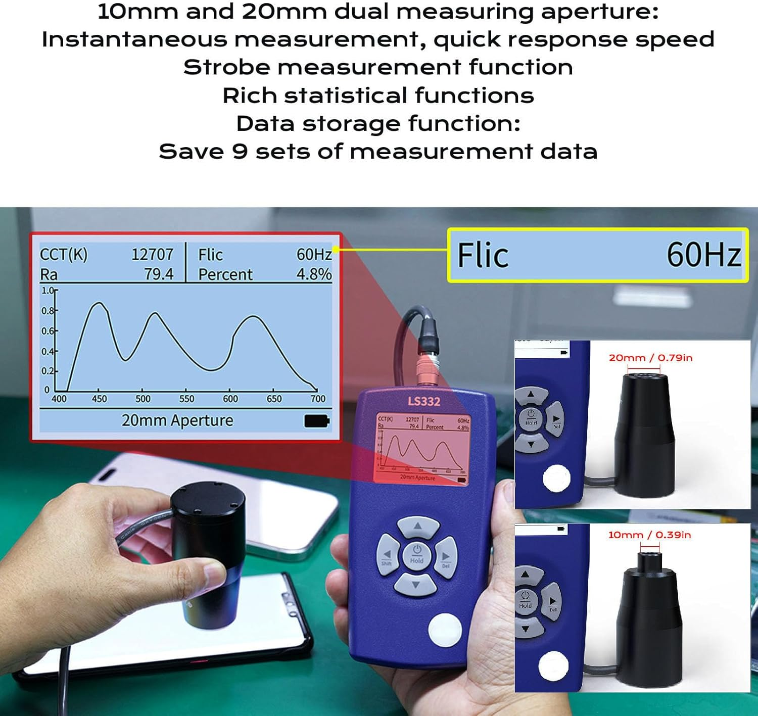 Pyhodi Digital Luminance Meter Light Meter, Brightness Tester 1 to 1000000Cd M&sup2; with Interchangeable 10Mm 20Mm Probes for HDR Screens Projectors Flicker CRI Spectrum Analysis image number 1