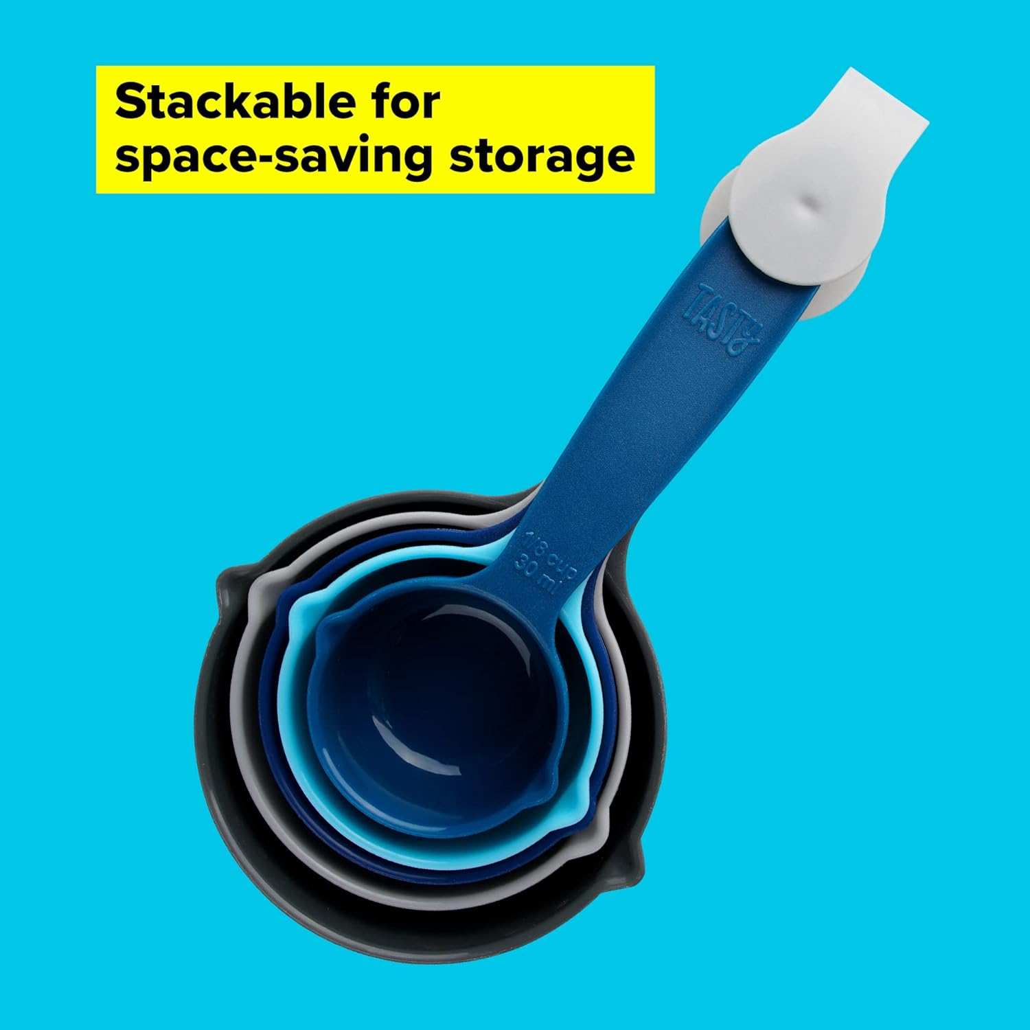 Tasty 5-Piece Measuring Cups Set for Baking, Nesting Plastic Cups, Light Blue, Blue, Grey - 1/8, 1/4, 1/3, 1/2, 1 Cup