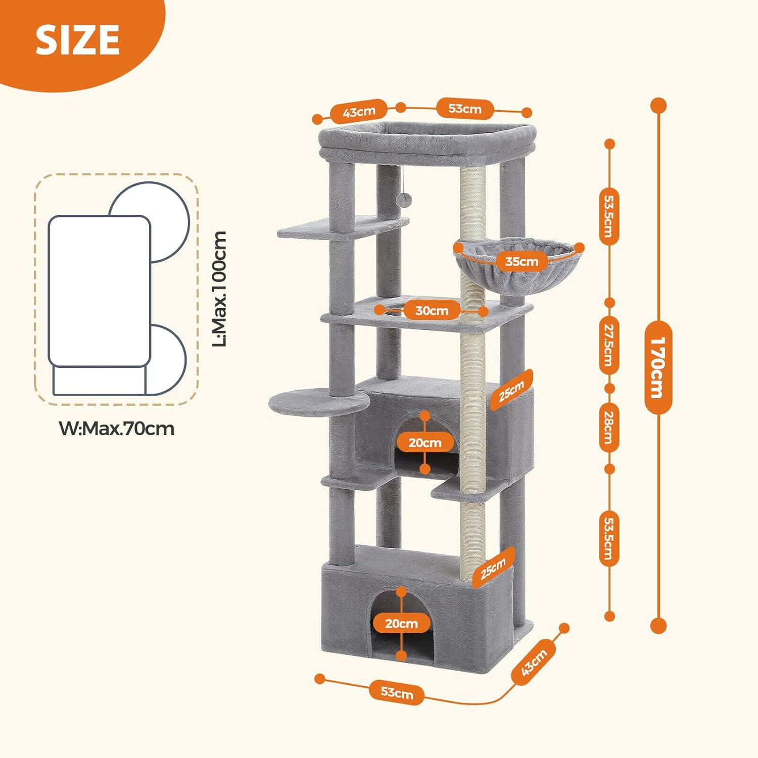 PAWZ Road Cat Tree for Large Cats, 170Cm Cat Tower for Indoor Kitten,Multi-Level Cat Furniture with Large Condo,Spacious Top Perch(53X43Cm), Cozy Hammock(Dia=35Cm), Cats Scratching Post. Grey - Grey image number 4