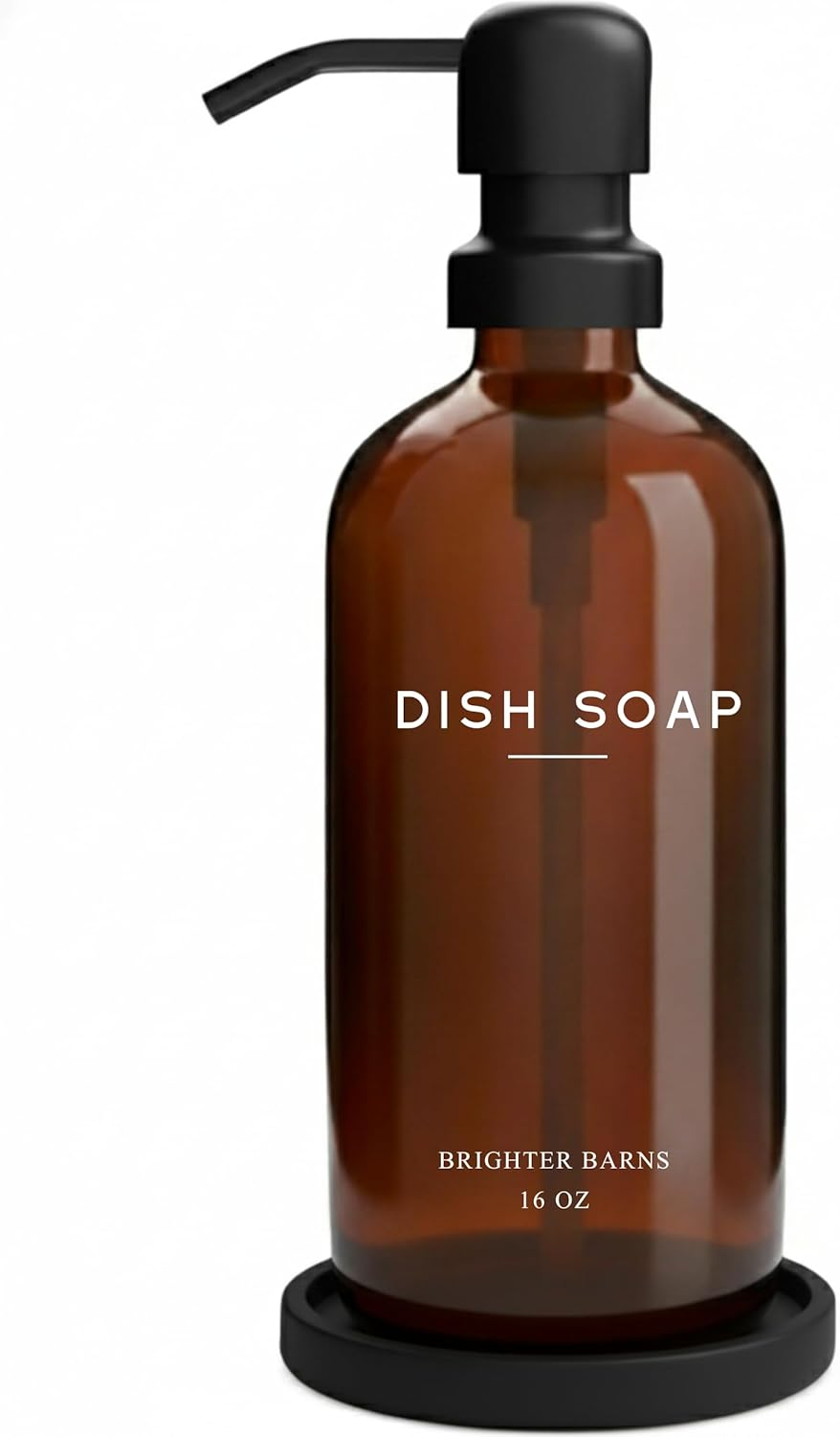 Luxury Glass Hand Soap Dispenser Bathroom Set by Brighter Barns - Hand Soap Dispenser with Stainless Steel Pump - Glass Bottle with round Tray - White and Gold Bathroom Decor & Accessories (Gold)