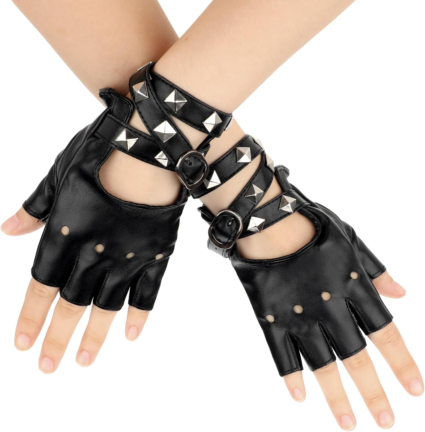 Leather Punk Gloves Fingerless Gloves for Women, PU Faux Leather Outdoor Sport Half Finger Glove Cosplay Gloves Gothic Gloves Fingerless Driving Gloves for Driving Motorcycle Bike, Black image number 1