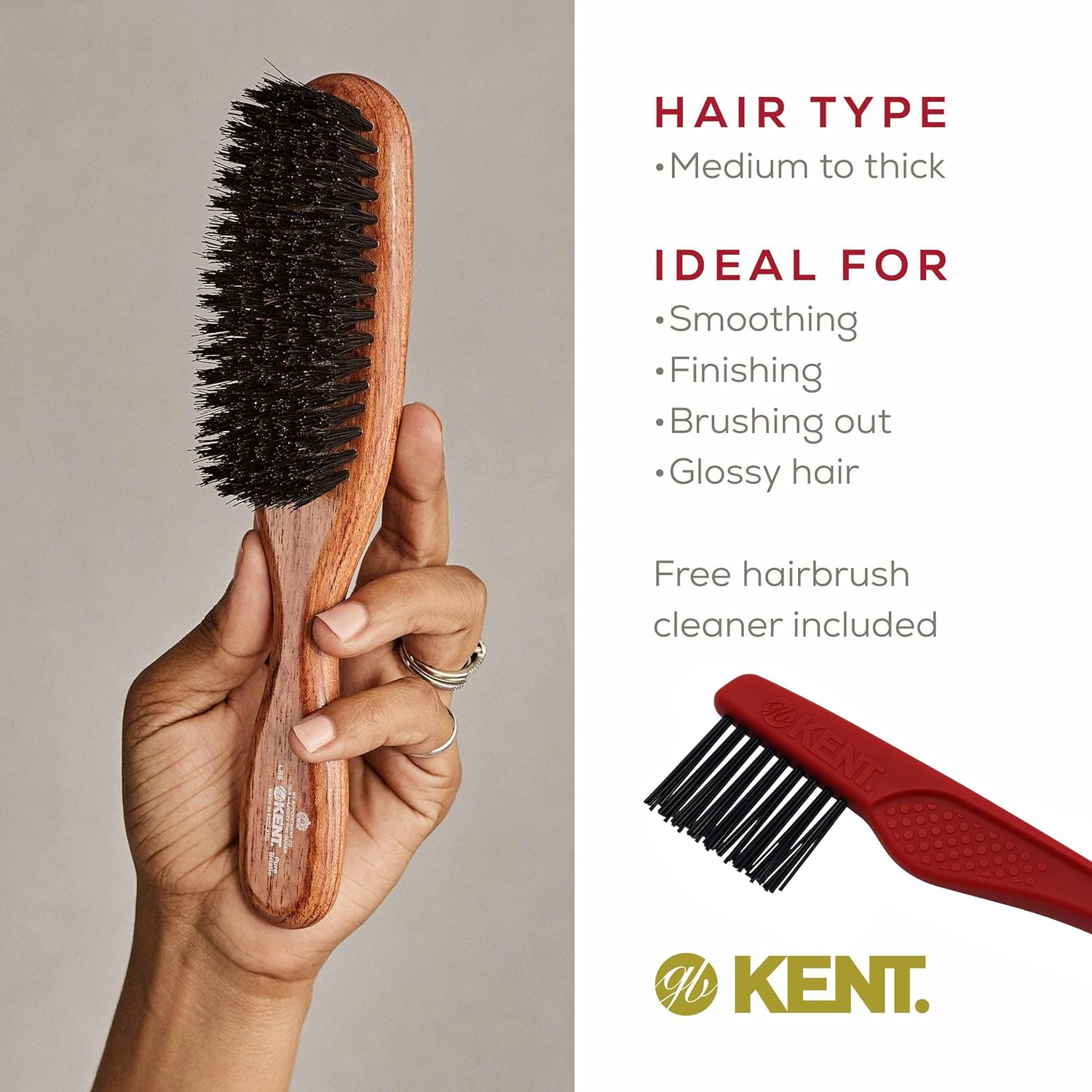 Kent LR6 Finest Dark Wood Styling Hair Brushes for Women - Natural Black Boar Bristle Hairbrush for Medium to Thick Hair of All Lengths - Dry Brush for Styling, Straightening, and Stimulating Oils image number 4